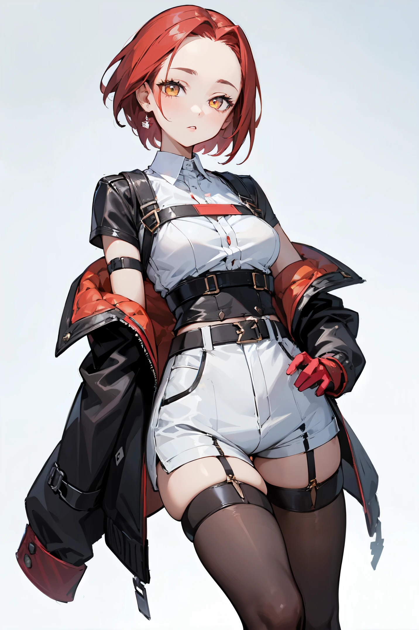 1girl, young woman, solo, short hair, Small hair, (forehead:1.2), yellow eyes, sharp ocular posture, (scarlet red hair), light brown skin tone, Athletic, muscular, medium breasts, (cropped jacket, black jacket), white shirt, collared shirt, (chest harness, shoulder strap:1.15), black leather shorts, pantyhose 7/8, garter belt, gloves, elegant, looking at viewer, grey background, masterpiece, best quality, 4k