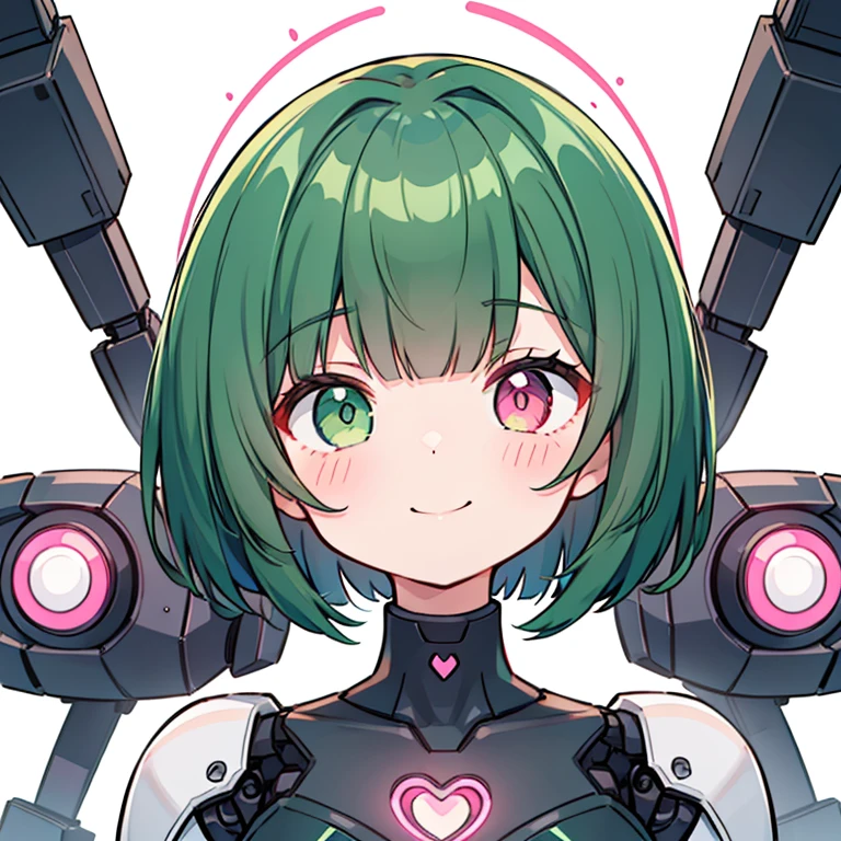 ((robot、1girl in))、 dark_green_hair、bob_cut、a smile、Heterochromia、The upper part of the body、pink heart heart、White background、portrait