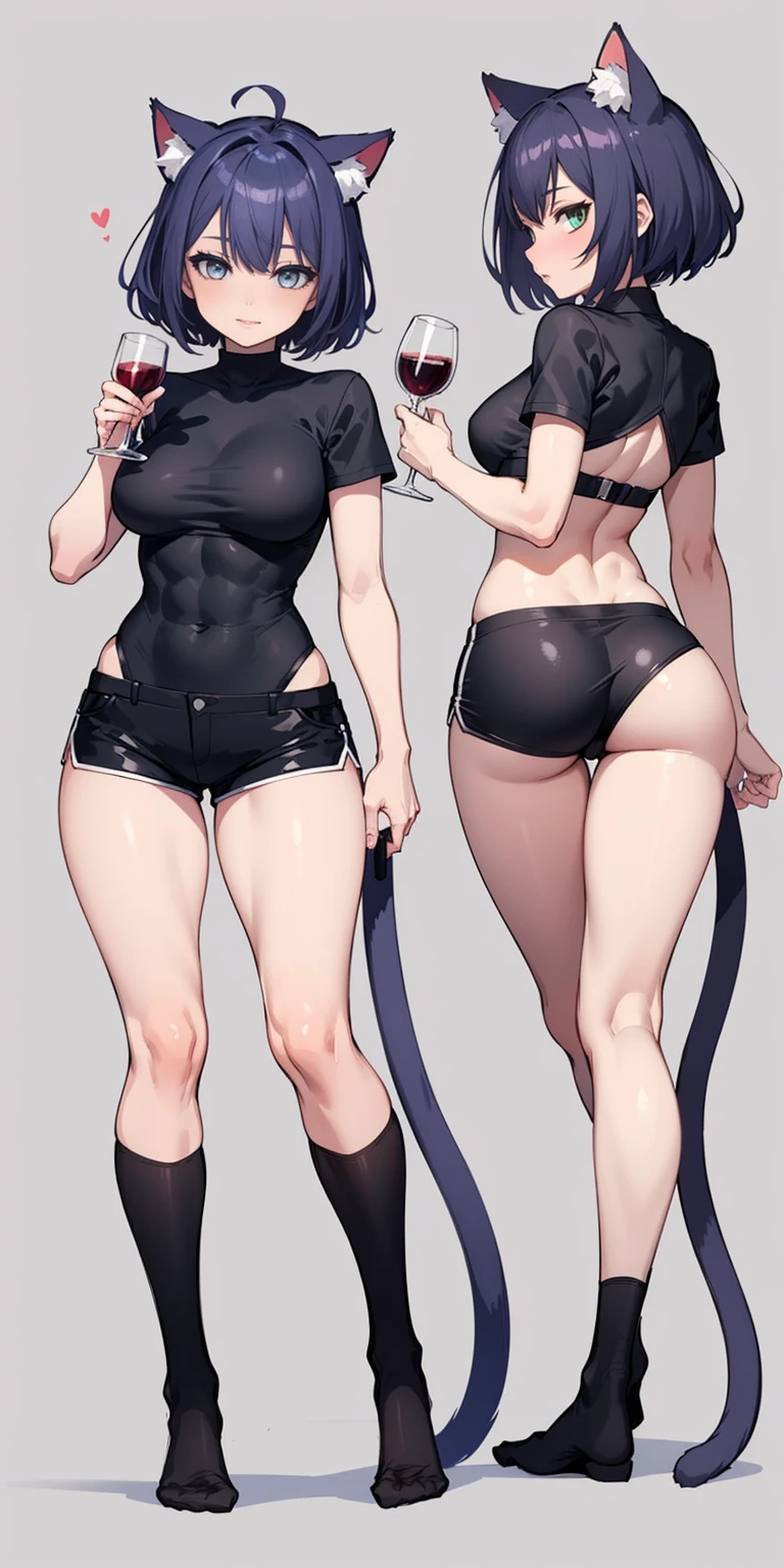 cat ears, 1girl, blue eyes, violet hair, big short fluffy hair, cat tail, vibrant, HD, black shirt, black booty shorts, accurate hands, very long black thigh socks, smug, big butt, big thighs, toned abs, no shoes, accurate legs, blush, drunk drinking black wine, half open eyes, masterpiece, HD, ((full body standing straight symmetrical, ))