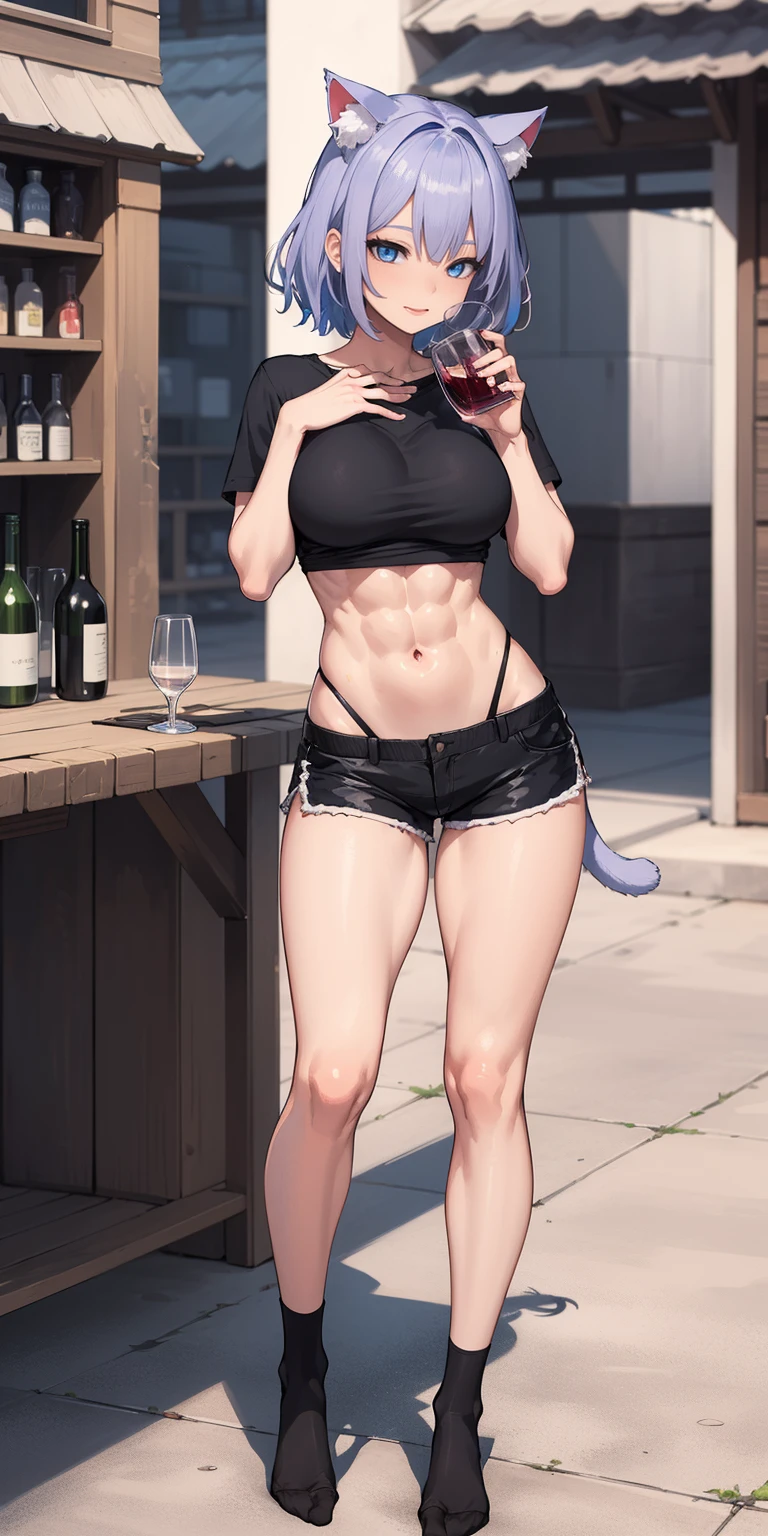 cat ears, 1girl, blue eyes, violet hair, big short fluffy hair, cat tail, vibrant, HD, black shirt, black booty shorts, accurate hands, very long black thigh socks, smug, big butt, big thighs, toned abs, no shoes, accurate legs, blush, drunk drinking black wine, half open eyes, masterpiece, HD, ((full body standing straight symmetrical, ))