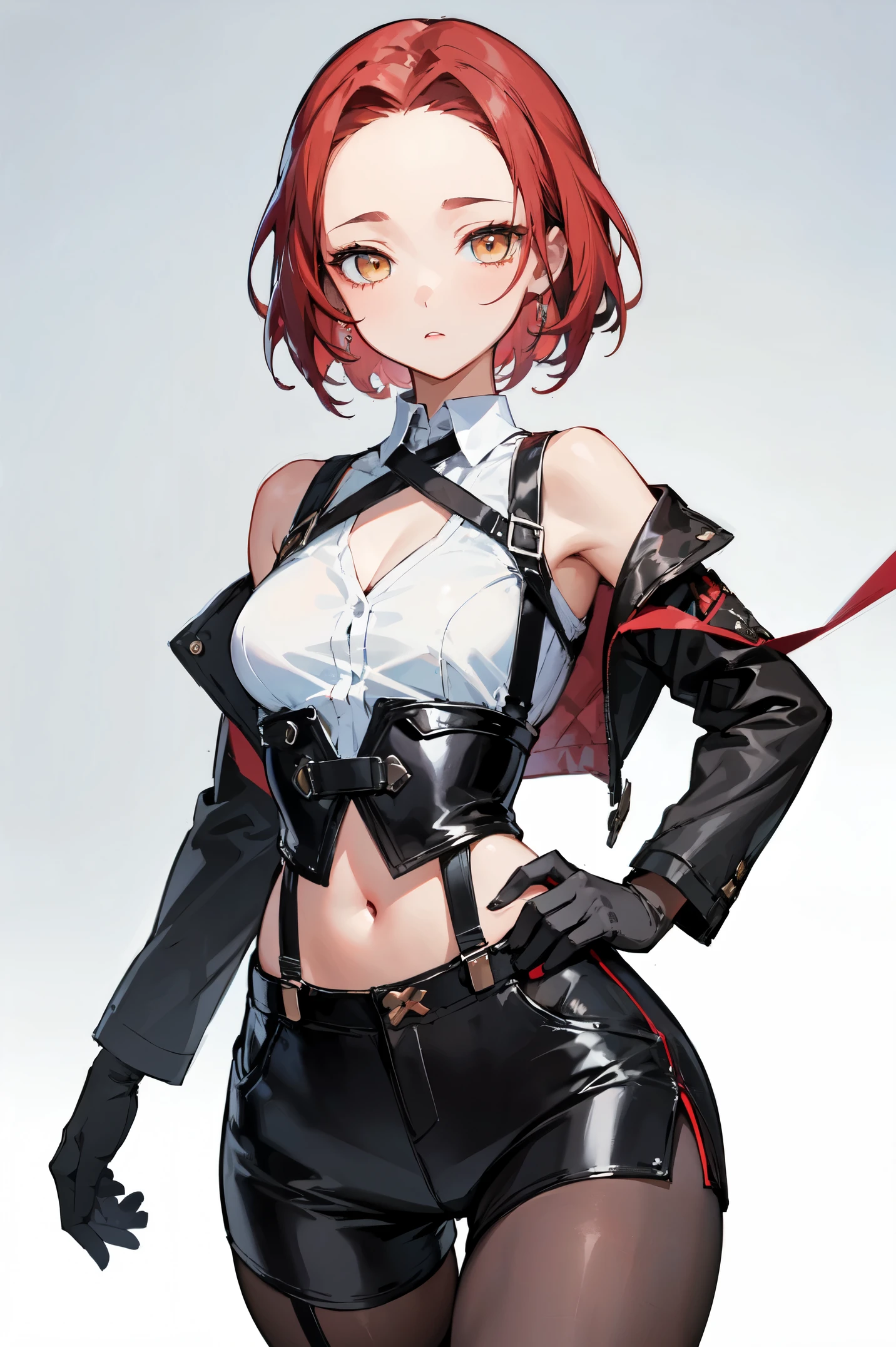 1girl, young woman, solo, short hair, Small hair, (forehead:1.2), yellow eyes, sharp ocular posture, (scarlet red hair), light brown skin tone, Athletic, muscular, medium breasts, (cropped jacket, black jacket), white shirt, collared shirt, (chest harness, shoulder strap:1.15), black leather shorts, pantyhose 7/8, garter belt, gloves, elegant, looking at viewer, grey background, masterpiece, best quality, 4k
