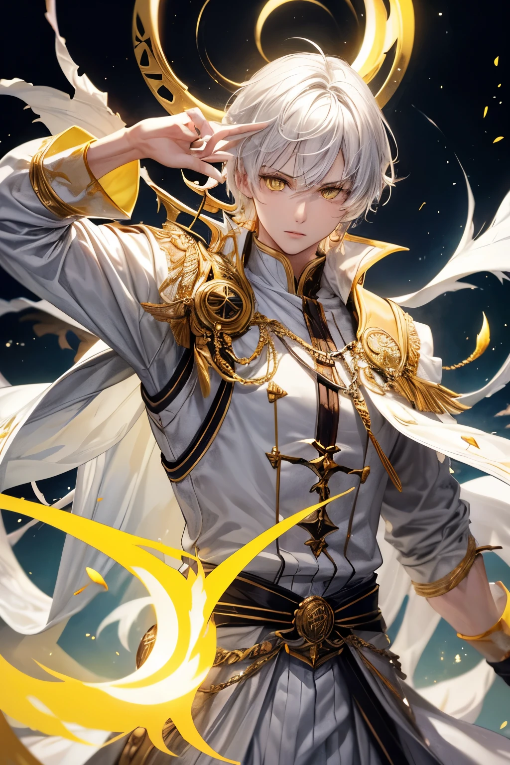 man, 25 years old, white medium split hair, yellow eyes, white clothes, yellow details, with dark powers, reaping hook