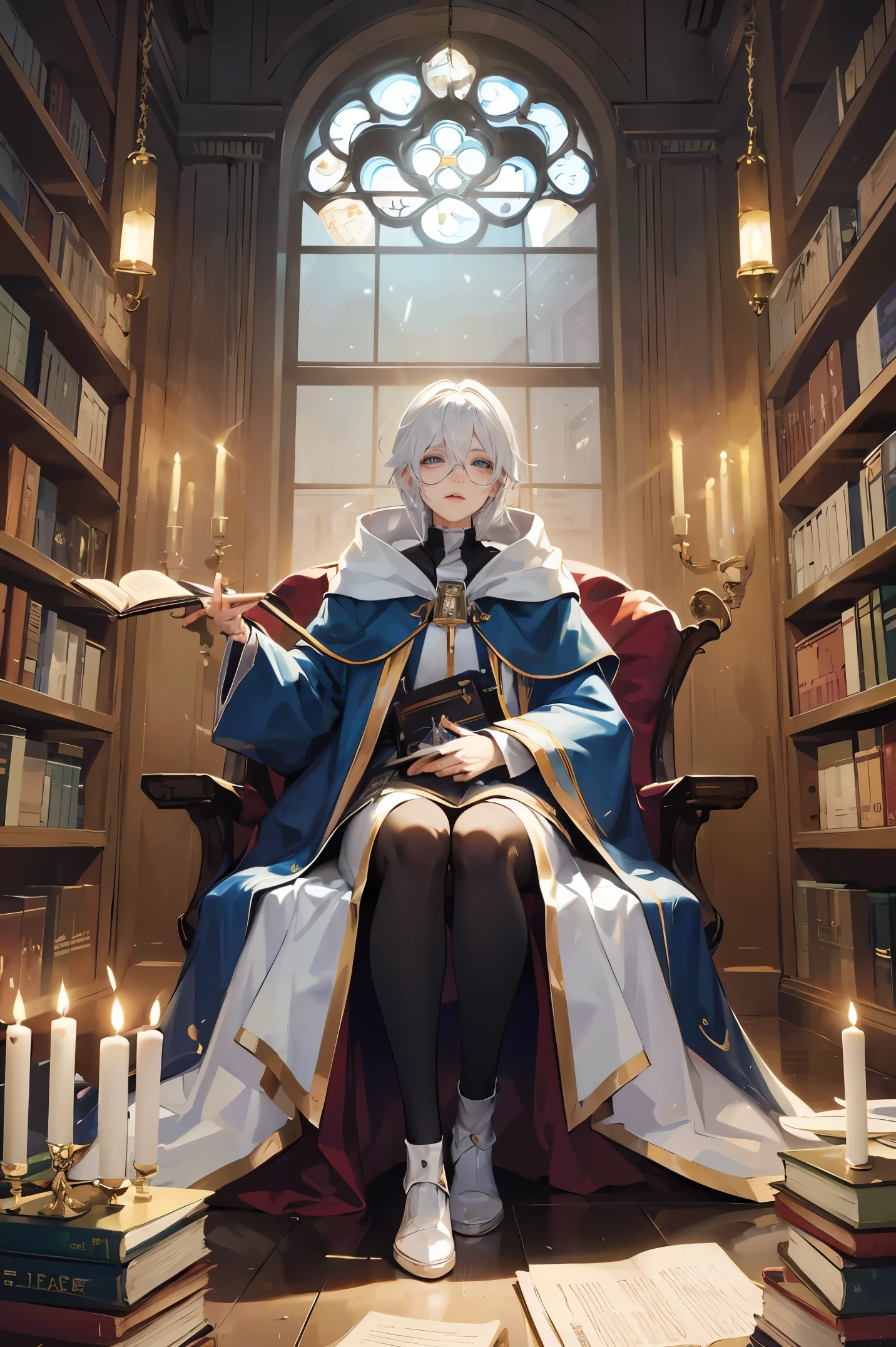 an androgynous hooded boy with long white hair sits on a throne inside a large library and holds an open book, the person is wearing glasses, the library is lit by candles and filled with books stacked on the floor, with a large round window in the background showing the galaxy with a constellation, Perfect lips, symmetrical face, olhos realistas, pele de porcelana, HDR, UHD
