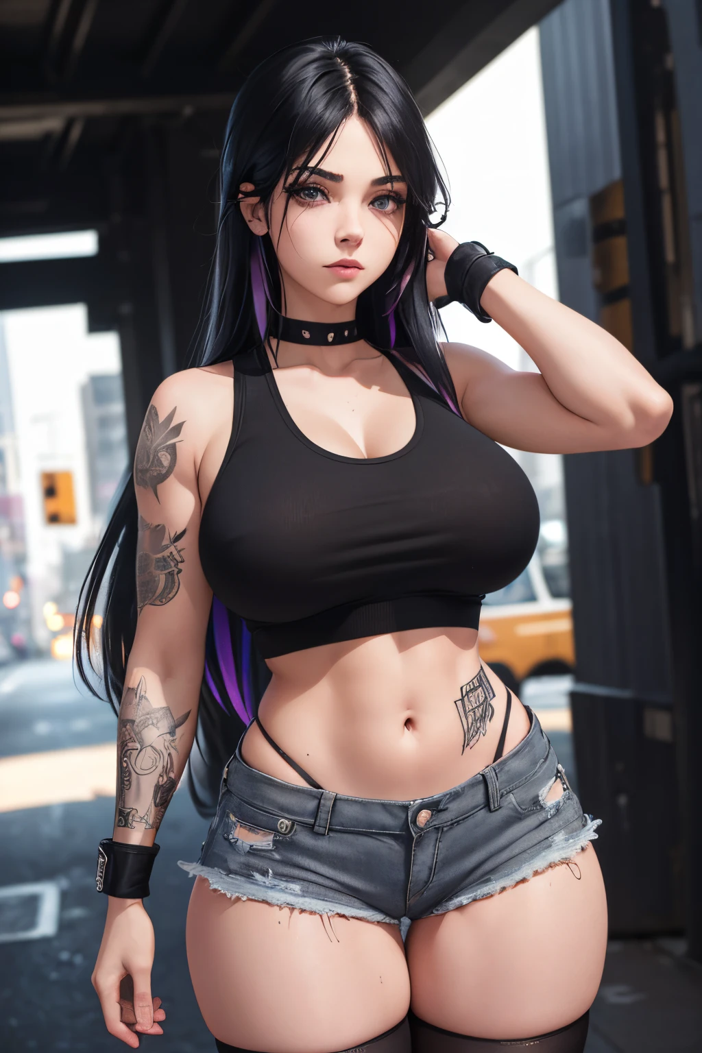 (8K HDR photorealistic pic), (18yo), (hot emo woman:1.3), (long colored emo hair:1.2), (black thigh high socks:1.1), (cutoff black tank top), (grey denim shorts), unbuttoned shorts, (massive busty breasts:1.3), (underboobs:1.2), (wide hips:1.2), (thick thighs), (masterpiece), (grey eyes), (heavy goth makeup:1.1), (tattoos), (random pose in the city streets), (dark lighting), perfect body, (ultra detailed eyes:1.2), (detailed face:1.2), relaxed, DSLR photography, sharp focus, Octane Render, Redshift, (cinematic lighting), f/1.4, ISO 200, 1/160s, 8K, RAW, unedited, symmetrical balance, in-frame, symmetrical face, symmetrical body, symmetric hands.