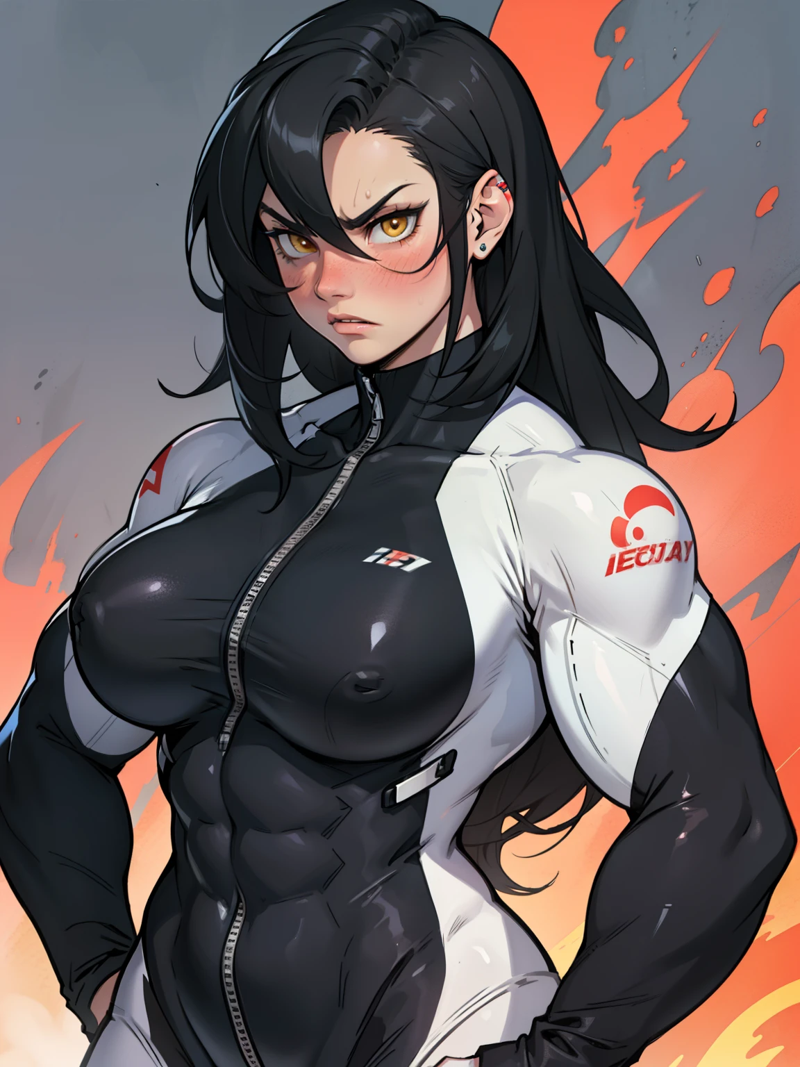 (((muscular girl toned body large breasts))) pale skin black hair yellow eyes angry blush bodysuit bodysuit bodysuit