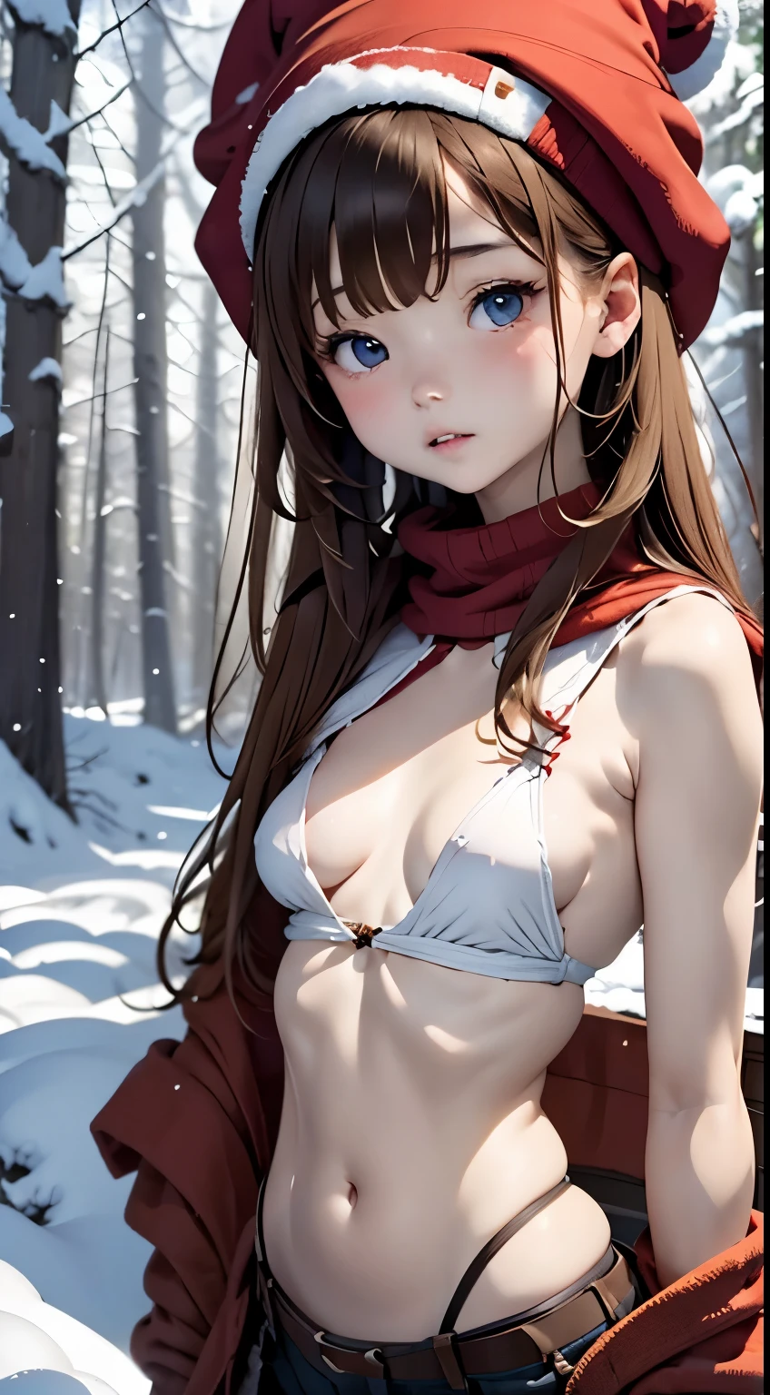 In the winter forest, Snow、japanaese girl, The chest is open、Red bikini, Beige cardigan、Red knitted hat、１４years old, Brown Short Hair,, Realistic portrait, (((Very small breasts:1.5))), Anatomically correct, Textured skin, Super Detail, high details, High quality, Super Detail, high details, High quality, Best Quality, hight resolution、snow country、Powder snow