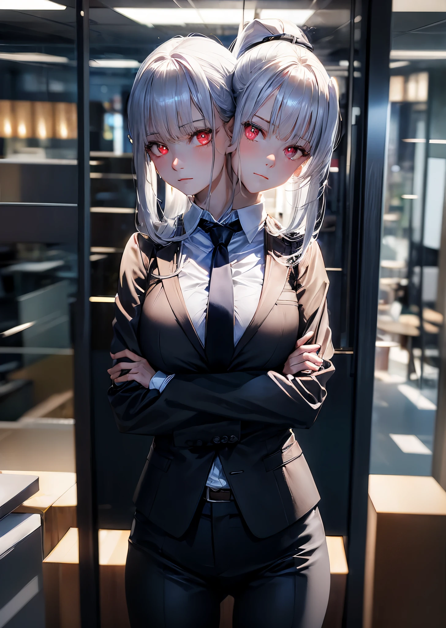 (2heads:1.1), 1girl, expressionless, closed mouth, crossed arms, long silver hair, ponytail, sidelocks, red eyes, glowing eyes, bright pupils, black suit, white collared shirt, necktie, black pants, office space, office interior, light shaft, light rays, cowboy shot, cyborg