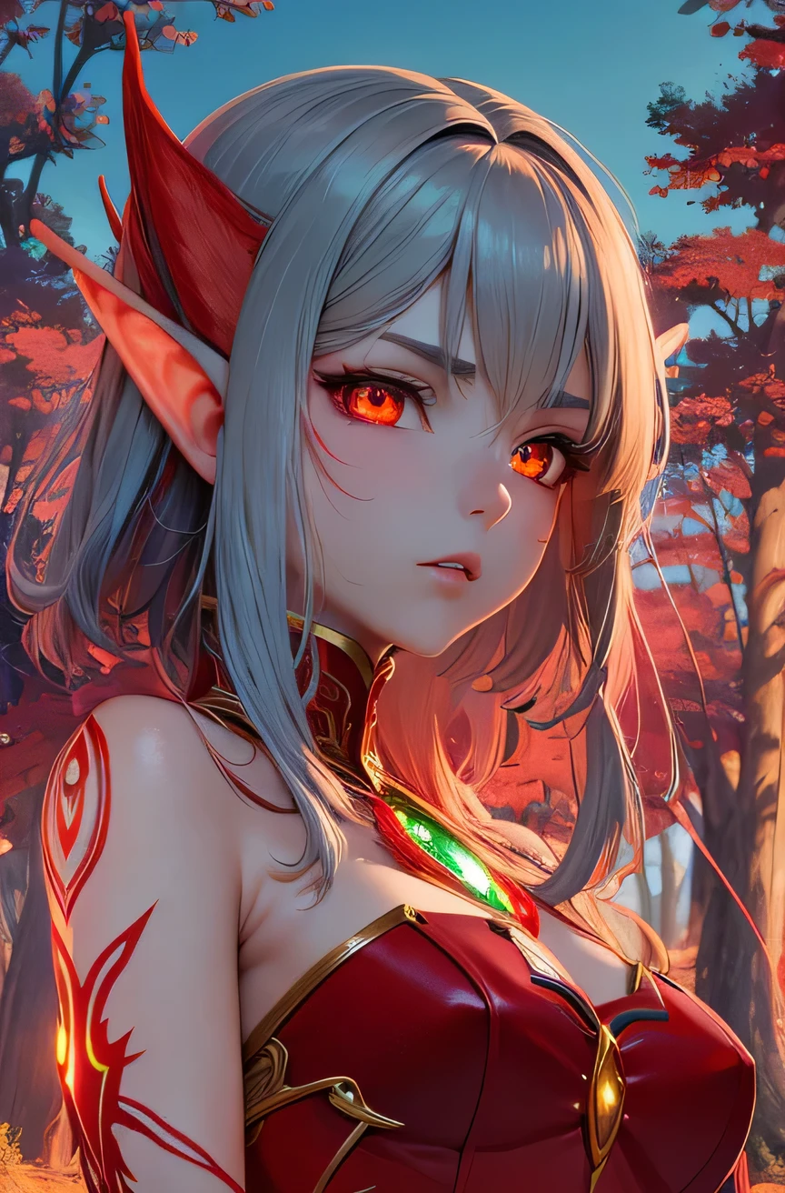 1 woman，masterpiece, качество 8 K, (((red-skinned girl))),((long white hair, yellow eyes,sexy clothes,big breasts,red horns)),bright colors,fantasy style,dramatic lighting,(Best quality,4K,8 K,a high resolution,masterpiece:1.2),ultra detailed,(realistic:1.1),(HDR:1.1),(portraits:1.1) cutie,cinematic still 3D CGI octane rendering of an elemental ent creature made entirely of foliage flora green vines moss and tree roots with a look of concern in a magical swamp ruins, elemental, ent, vines, roots, sparkling eyes, Close-up, creepy, old (man:0.5), shiny intricate details, spicy, 3D rendering, cinematic lighting, unreal engine, Blender, big breasts, Smirk、professional lighting、about, standing, very long hair, cowboy shot, brilliant, brilliant hair, (night:1.2),Dreamy, [[gentle fingers and hands:0.55]::0.85],(detailed fingers),),(emotional),(breathtaking),(main part:1.2) whole body.), (Anime Style), (Super Detailed), (brutal), (uhd, HDR), (8k), (High Resolution: 1.2), (Complex and Beautiful: 1.2)