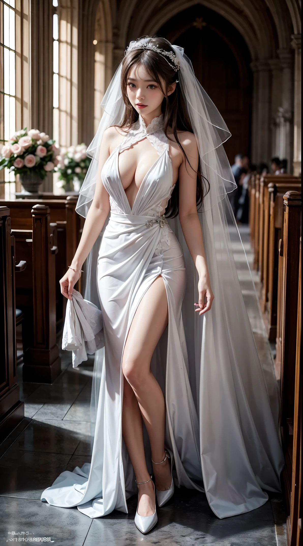 Sugihara anri, ((solo)), alone, bride, was naked, horny, happy, ((forehead to show)), standing, entering the church, dark hair, long hair, delicate, young, long hair, detailed face, high definition, ((full body)), (flowers around her), full body, she is a beautiful woman getting married, face with high quality, beautiful, radiant, big breasts, nipple erect, visible pubic area, visible crotch