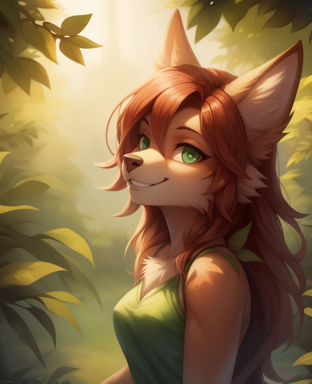 elora furry, detailed and extremely fluffy body fur, fluff, masterpiece, looking up beautiful surroundings, detailed background, happy, leaf-dress,