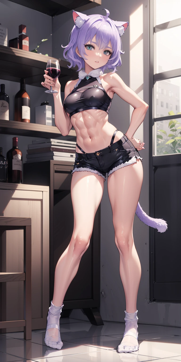 cat ears, 1girl, blue eyes, violet hair, big short fluffy hair, cat tail, vibrant, HD, black shirt, black booty shorts, accurate hands, very long black thigh socks, smug, big butt, big thighs, toned abs, no shoes, accurate legs, blush, drunk drinking black wine, half open eyes, masterpiece, HD, ((full body standing straight symmetrical, ))