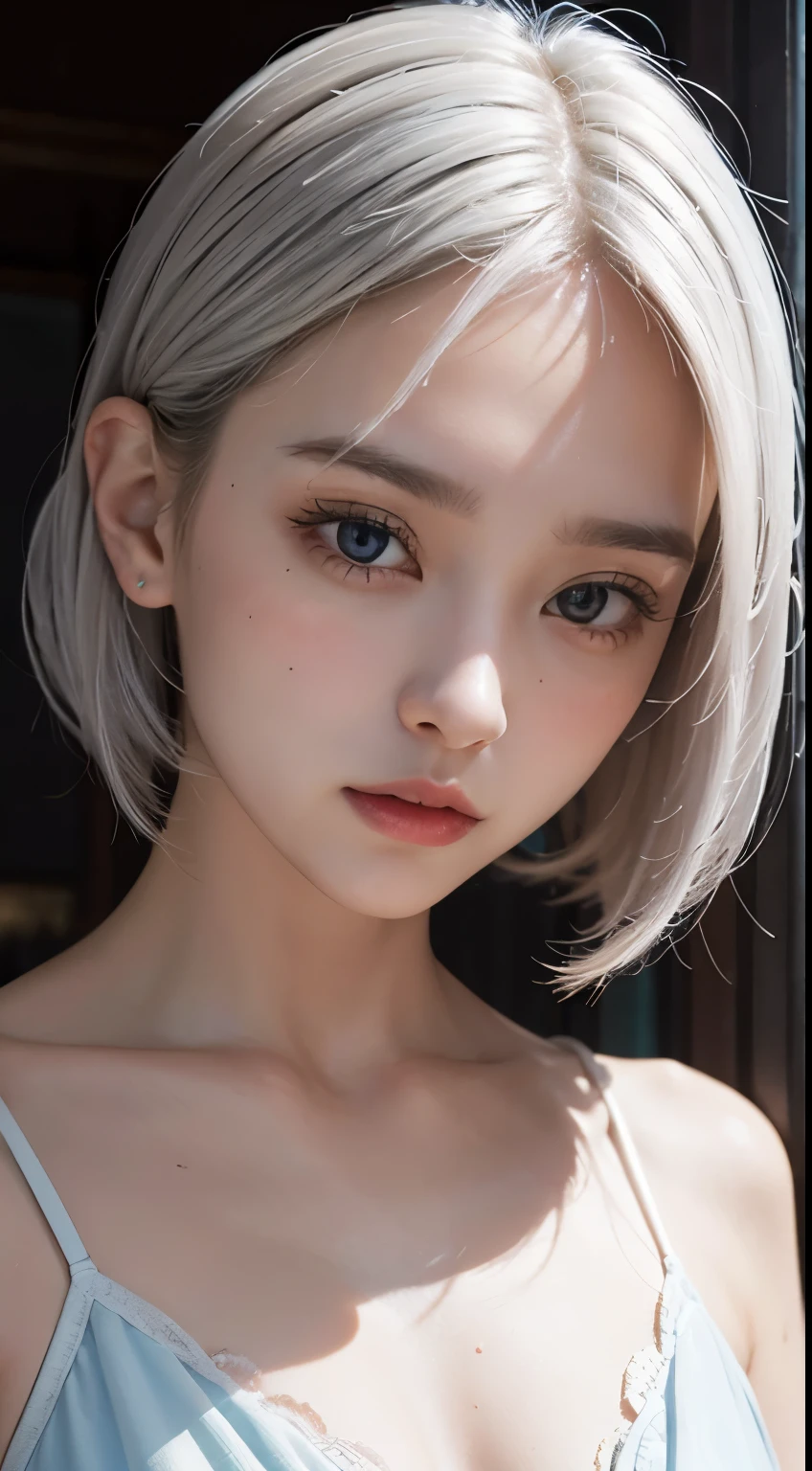 ultra High resolution、high quality、High resolution、perfect anatomy、8K、photograph、bromide、perfect lighting、realistic nipples、Nipple details、small breasts、 size、flat chest、beautiful face、beautiful eyes、beautiful hair、gray hair、Medium Short-Cut Hair、ponytail hair