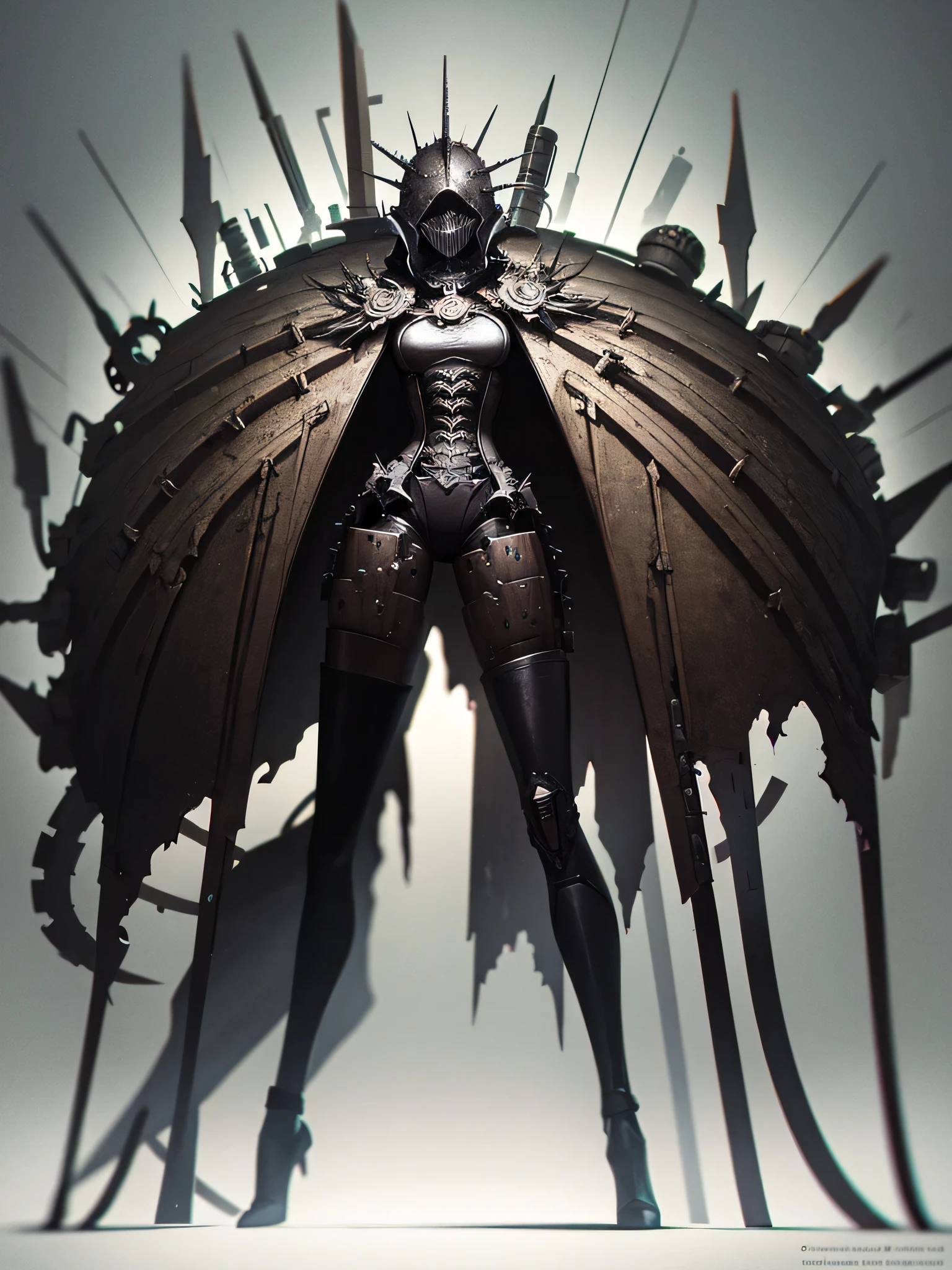 horror art, A gloomy world, Dark Fantasy, full-length portrait, Character Sheet, Automaton Girl, dark brown skin, sharp white helmet, dark mechanisms, massive rings, massive needle, black liquids, Distortion, abandoned world, grey mist