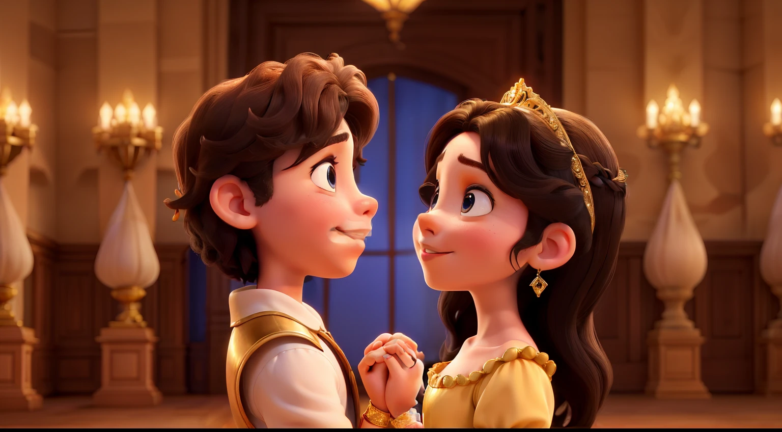 It's a Renaissance dance party, the hall is lit, and the couples dance joyfully. The prince and the princess gaze into each other's eyes, the image is in profile, and their noses touch. The princess has dark hair and blue eyes, the prince has dark hair and blue eyes, The princess has long black hair. The princess is wearing a gold dress.