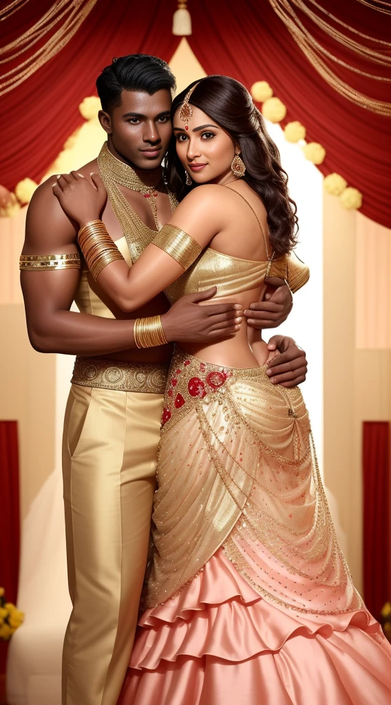 1 muscular very hary, handsome and attractive African man not wearing any shirt with sexy Indian married woman bit chubby wearing a Indian bridal dress lengha cholli with gold jewellery and red bangles. The woman dress is wet. Both are hugging pose and there body is toward s the camera which is front. They are present on a satin bedsheet in a decorated room with rose
