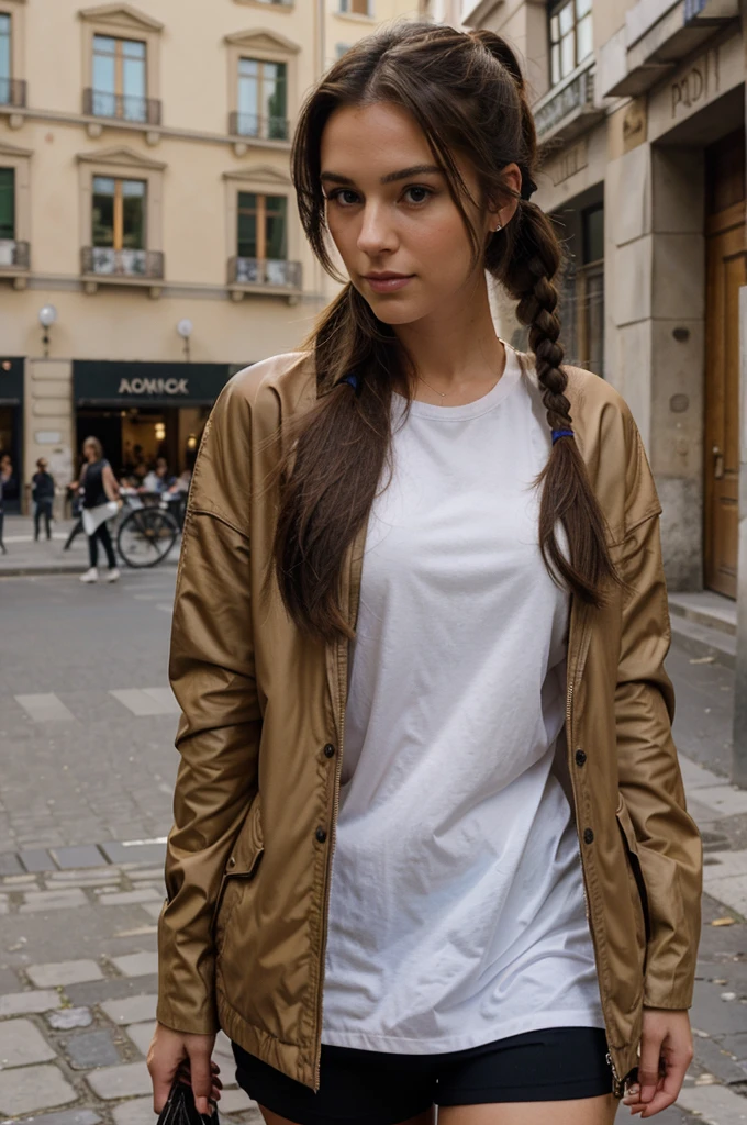 25 year old brunette, beautiful, fully dressed, photorealistic, with pony tail, in Milan