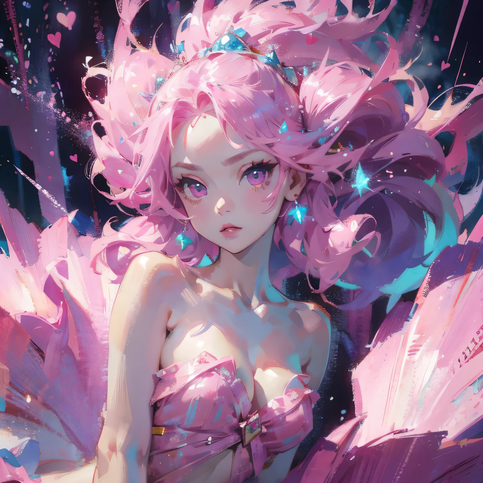 Pink Princess, (Pink-Blue hair), ((big hair)), double eyelid, slender figure, cute expression, perfect skin, (fluffy), pink eyes, (fluffy Particles:1.2), (cute clothing), (NSFW:1.1), (Butt-Portrait)