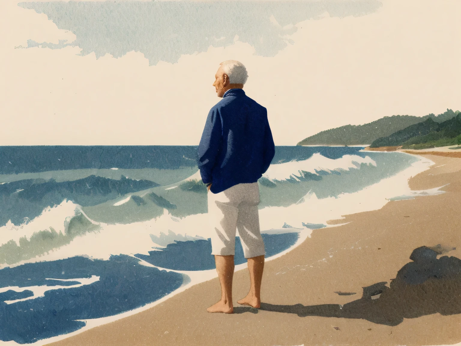 As the old fisherman stands on the beach, with the waves crashing near his feet, his weatherbeaten face stares intently out across the ocean. Highly detailed, masterpiece, lovely composition, FML, watercolor, landscapes, nature, outdoors,