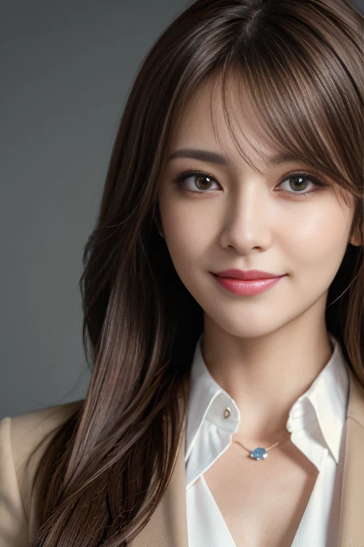 masutepiece, Best Quality, Photorealistic, Ultra-detailed, finely detail, High resolution, 8K Wallpaper, 1 beautiful woman,, light brown messy hair, in a business suit, foco nítido, Perfect dynamic composition, Beautiful detailed eyes, detailed hairs, Detailed realistic skin texture, Smiling, Close-up portrait, Model body type