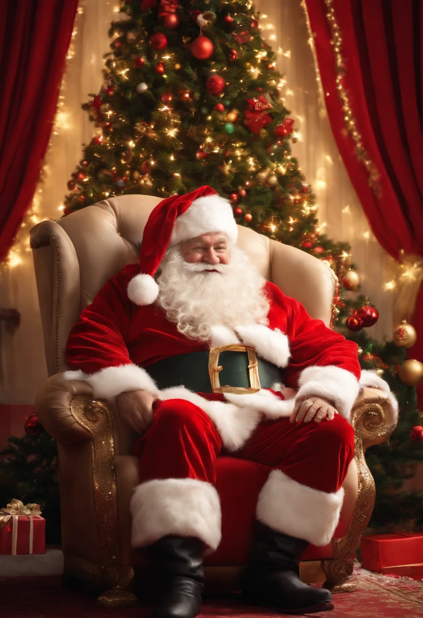 Kind Santa sits in a big chair and smiles gently. Christmas tree is decorated and Santa gives a present.