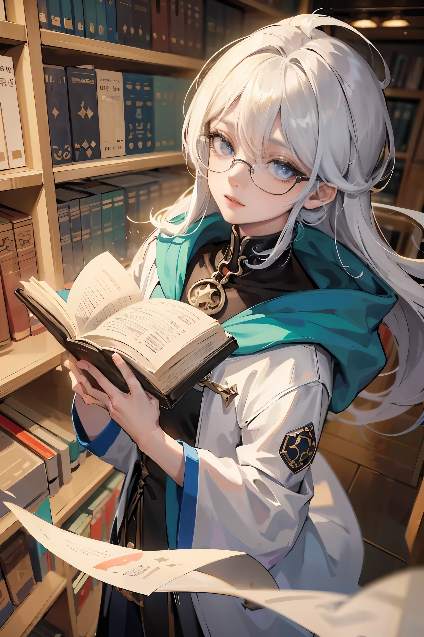 an androgynous hooded boy with long white hair stands inside a large library and holds an open book, the boy is wearing glasses, the library is lit by candles and filled with books stacked on the floor, with a large round window in the background showing the galaxy with a constellation, Perfect lips, symmetrical face, olhos realistas, pele de porcelana, HDR, UHD