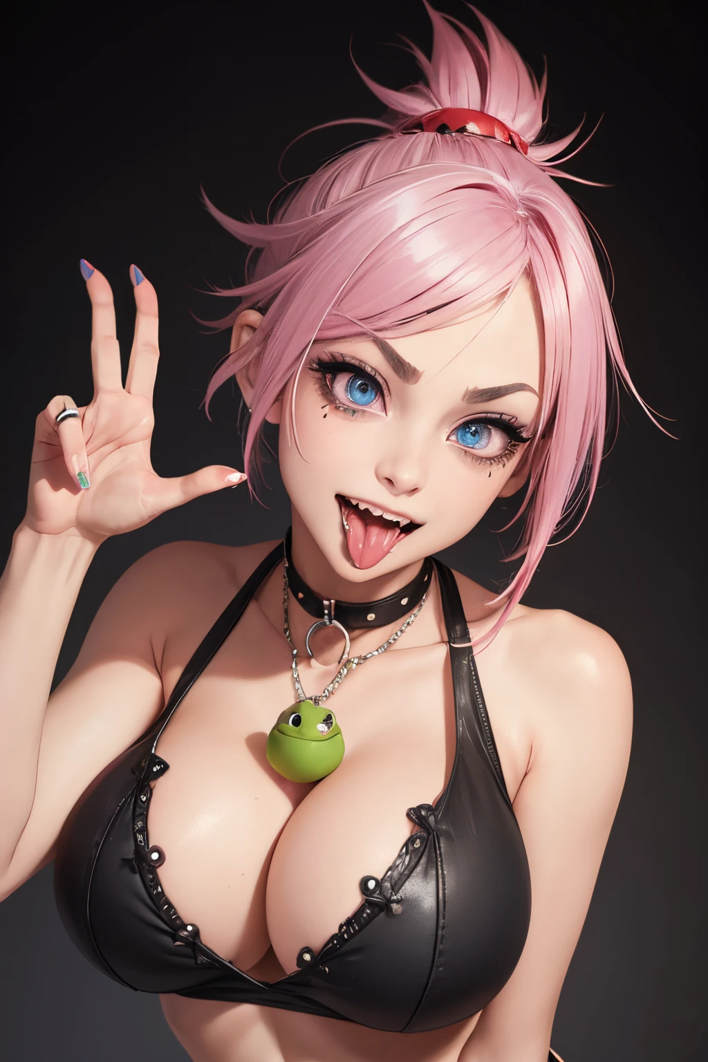 (Very skinny), (vampire frog), mohawk, green, bells, (orgasm), (huge breasts:1.2), (ripped clothes), (tanktop), (pink hair), (ahegao face), (joyous), (HD eyes), cute eyes, cute, peace sign, (restored eyes), (restored mouth), (tongue out:1.4), (detailed face and eyes:1.4), 8k, (pixie hair), (super detailed tongue), hd tongue, detailed tongue, pointy teeth.