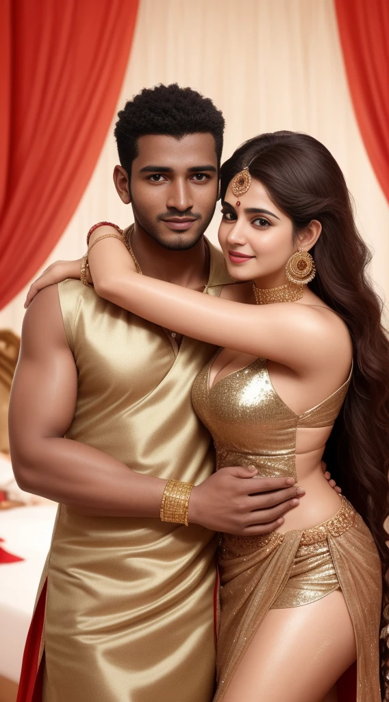 1 muscular very hary, handsome and attractive African man not wearing any shirt with sexy Indian married woman bit chubby wearing a Indian red ridal dress lengha cholli with gold jewellery and red bangles. The woman dress is wet. Both are hugging pose and there body is toward s the camera which is front. They are present on a satin bedsheet in a decorated room with rose, deep cleavage