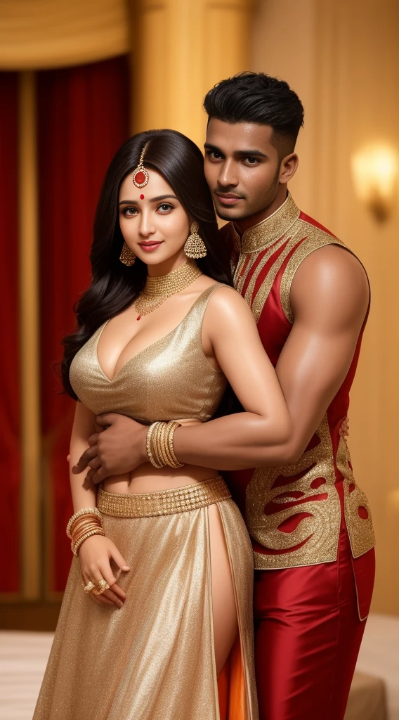 1 muscular very hary, handsome and attractive African man not wearing any shirt with sexy Indian married woman bit chubby wearing a Indian red ridal dress lengha cholli with gold jewellery and red bangles. The woman dress is wet. Both are hugging pose and there body is toward s the camera which is front. They are present on a satin bedsheet in a decorated room with rose, deep cleavage