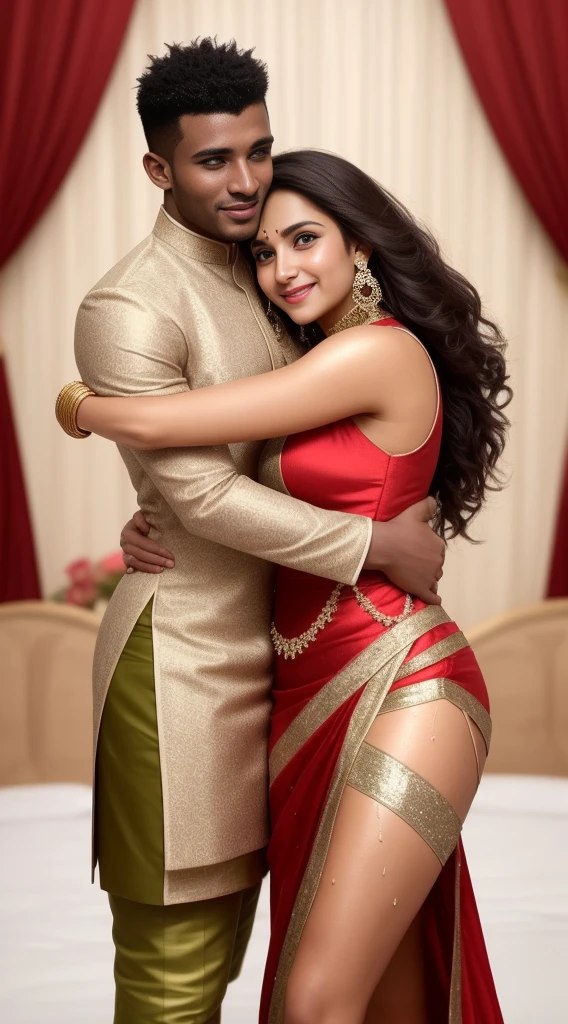 1 muscular very hary, handsome and attractive African man not wearing any shirt with sexy Indian married woman bit chubby wearing a Indian red ridal dress lengha cholli with gold jewellery and red bangles. The woman dress is wet. Both are hugging pose and there body is toward s the camera which is front. They are present on a satin bedsheet in a decorated room with rose, deep cleavage