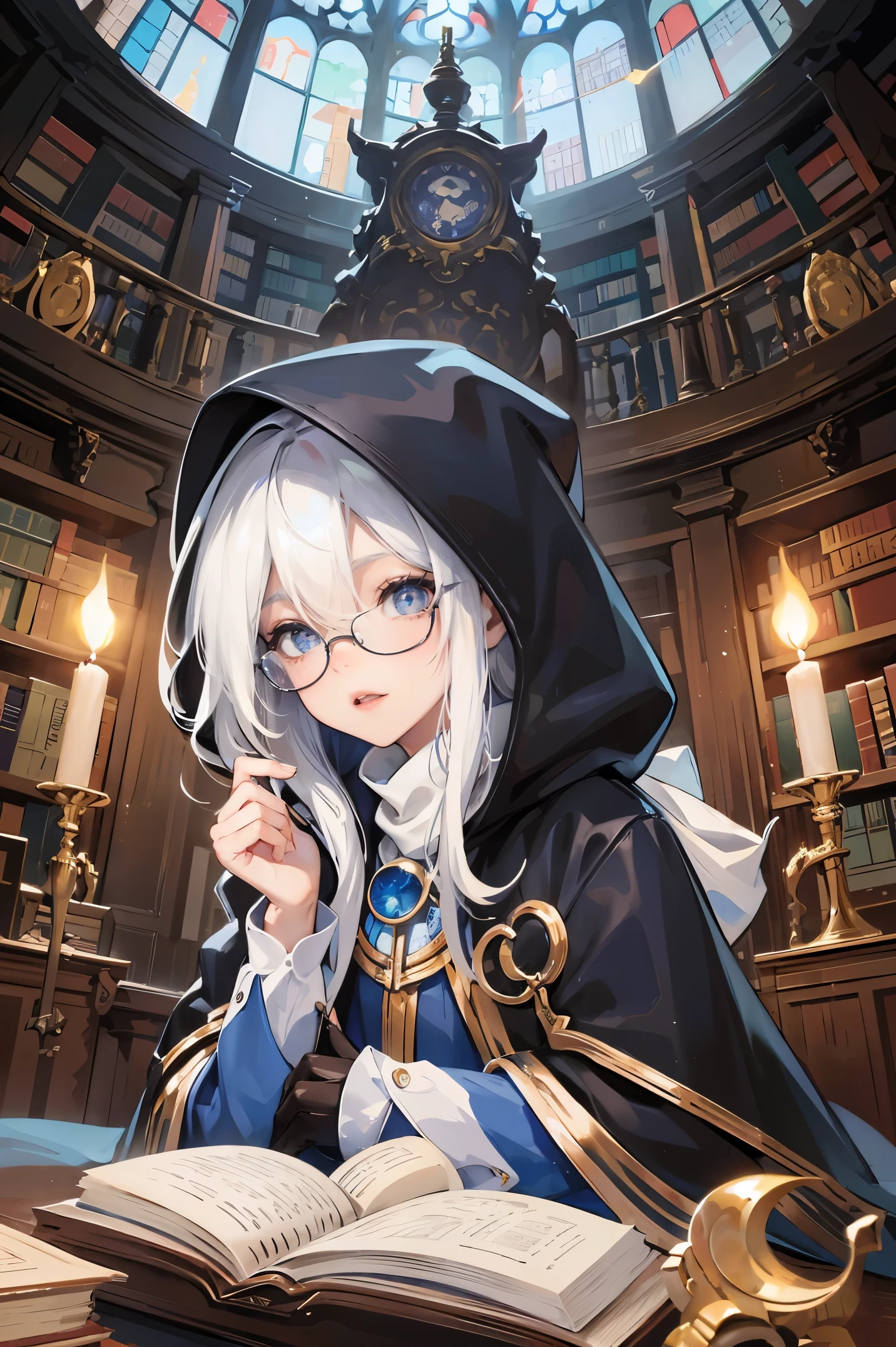 an androgynous hooded boy with long white hair stands inside a large library and holds an open book, the boy is wearing glasses, the library is lit by candles and filled with books stacked on the floor, with a large round window in the background showing the galaxy with a constellation, Perfect lips, symmetrical face, olhos realistas, pele de porcelana, HDR, UHD