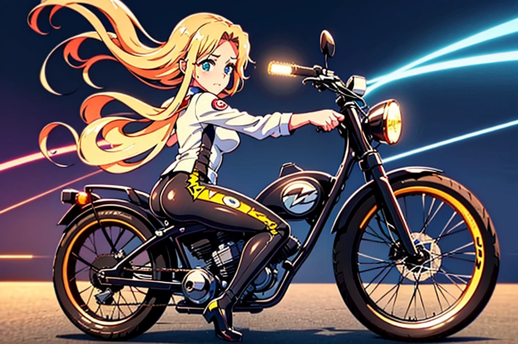 (8k),(fotorrealista:1.4),master part, best quality,1Girl on a large motocicleta with glowing rear wheel of cyber sports type with big red full cowl, wide angle, sozinho, Pilotos pretos com linhas azuis fluorescentes, Coxas, cabelo preto amarrado, olhos negros, (Futuristic cyber city), rodovia, machine, carro, motocicleta, panorama, FAST LINE, motion blur, profundidade de campo, perspectiva, panorama, cabelos flutuantes, Noite, neon trim, Curva devido a frenagem brusca, smoke from motocicleta drifting tires, (light line of motocicleta tail lamp), dynamic compositing, girando em torno da roda dianteira, sense of speed, (motocicleta sink shot), Flowing neon lights, (smoke from the rear wheel of the motorcycle), (descarga na parte traseira da bicicleta: 1.2), A motocicleta leaning parallel to the ground flows in the back of the screen (motocicleta tires emit lightning: 1.4), (motocicleta wheels glow)