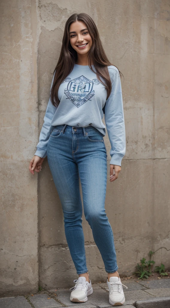 arafed woman with long hair smiling and leaning against a wall, beautiful, charming smile, entire body visible, full body, hyperrealistic, real human skin, best quality, 8K, masterpiece, extremely intricate, detailed eyes, detailed face, detailed body, exaggerated features, pronounced features, fujifilm, wearing a long sleeved tshirt and jeans with sneakers