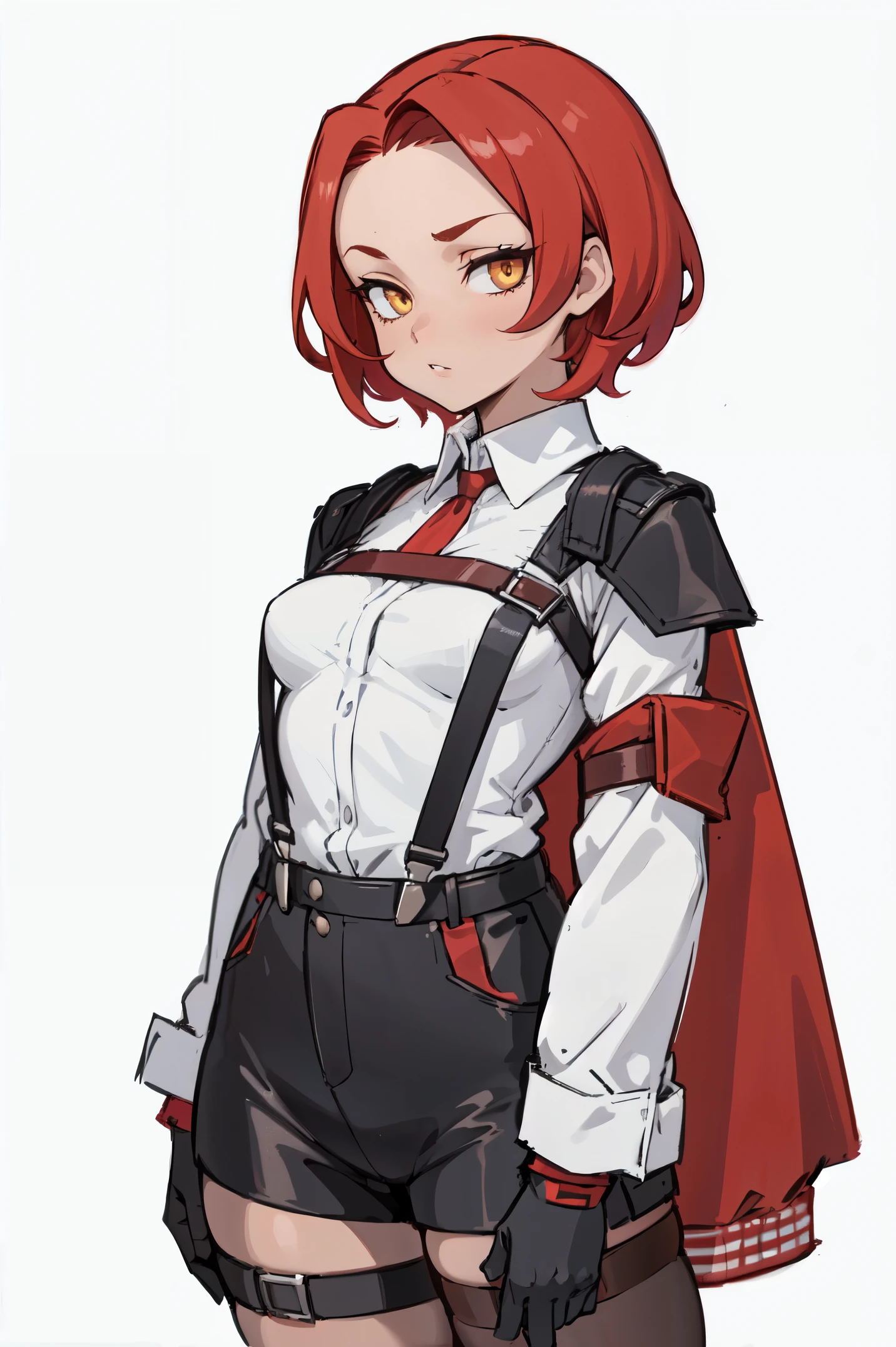 1girl, young woman, solo, short hair, Small hair, (forehead:1.2), yellow eyes, sharp ocular posture, (scarlet red hair), light brown skin tone, Athletic, muscular, medium breasts, (cropped jacket, black jacket), white shirt, collared shirt, (chest harness, shoulder strap:1.15), black leather shorts, pantyhose 7/8, garter belt, gloves, elegant, looking at viewer, grey background, masterpiece, best quality, 4k