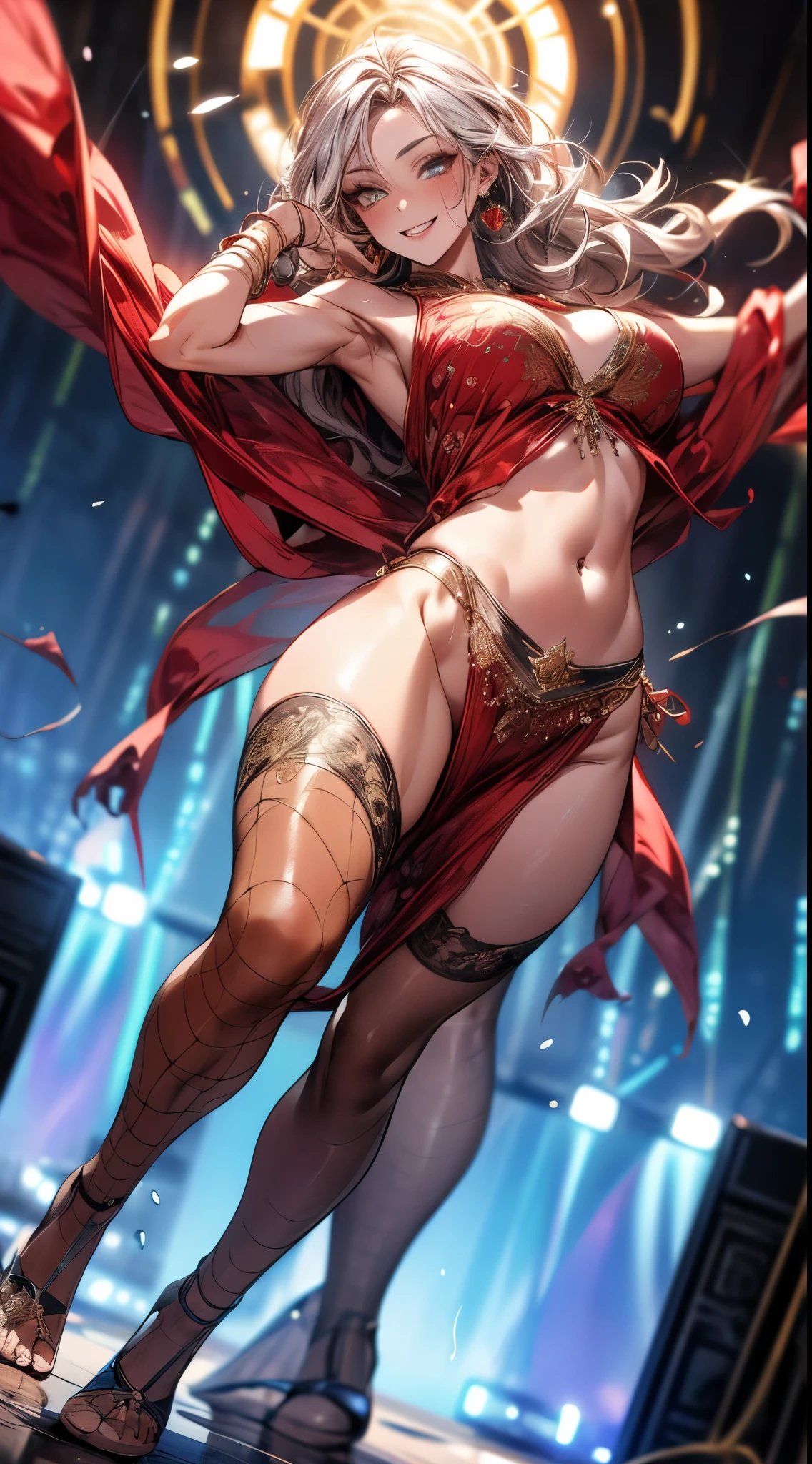 ((Ultra high resolution, 8K RAW photo, super realistics)), ((correct anatomy:1.5)), dancing Oppai gal, swinging boobs, stepping hard, leg up, long wavy hair, silver hair, crimson mesh hair, floating hair, fluttering hair, (high detailed face, super detailed eye), (sfw:1.25), belly dance, Arabian, delicate detailed clothes and accessories, see-through clothes, mesh robe, great festival show, special altar, sexy dance, leaning backward, showing off crotch, looking at viewer, sexy smile, dutch angle, from below, floating extra see-through clothes, splash, bokeh, extra floating see-through clothes,