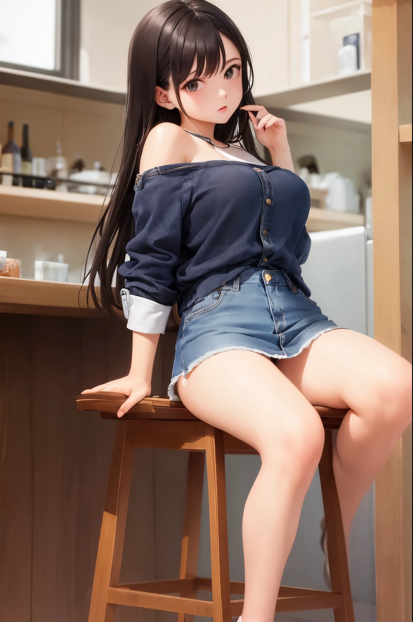 a girl sitting on barstool cushion, denim miniskirt, white panties visible, front view, detailed skin textures and detailed skin pores, extremely detailed face and eyes,