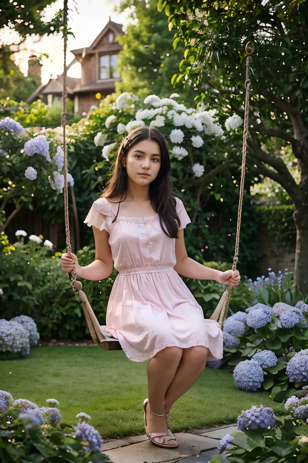Photorealistic 16 year old girl wearing a long pink gown sitting on a swing in the garden, brown eyes , black hair, victorian house, detailed face, beautiful face, lychee tree in garden, evening time, fountain of water in garden, daisies blooming in garden, blue hydrangeas blooming in garden