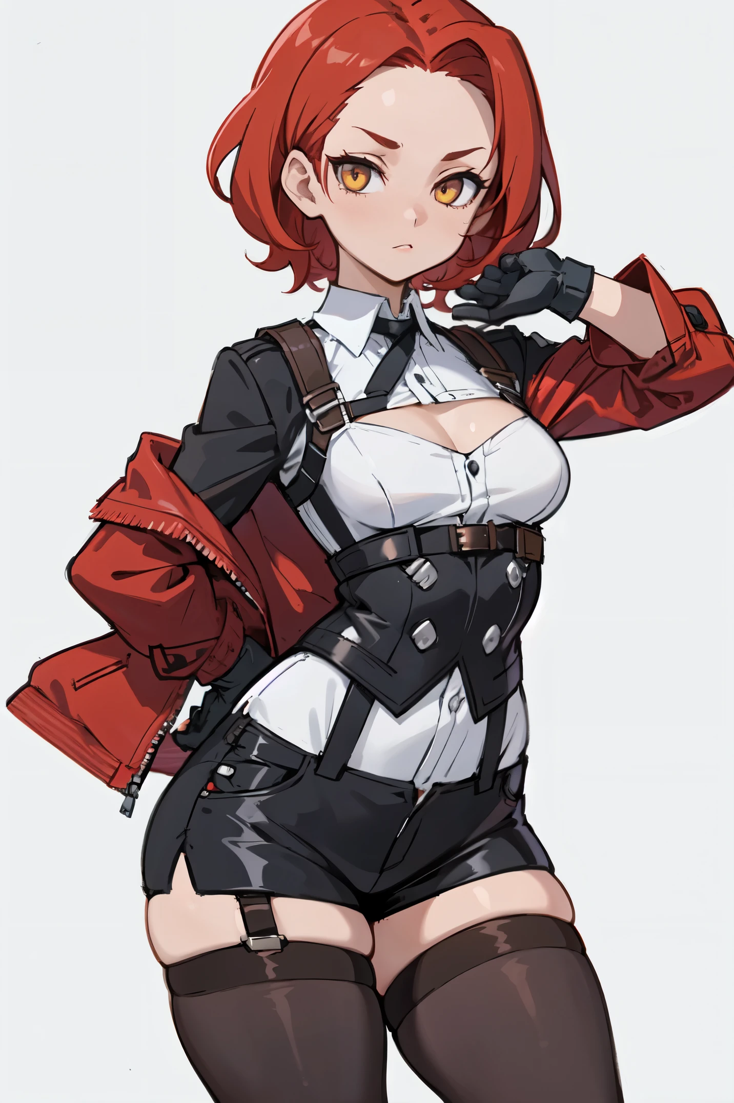 1girl, young woman, solo, short hair, Small  hair, (forehead:1.2), yellow eyes, sharp ocular posture, (scarlet red hair), light brown skin tone, Athletic, muscular, medium breasts, (cropped jacket, black jacket), white shirt, collared shirt, (chest harness, shoulder strap:1.15), black leather shorts, pantyhose 7/8, garter belt, gloves, elegant, looking at viewer, grey background, masterpiece, best quality, 4k