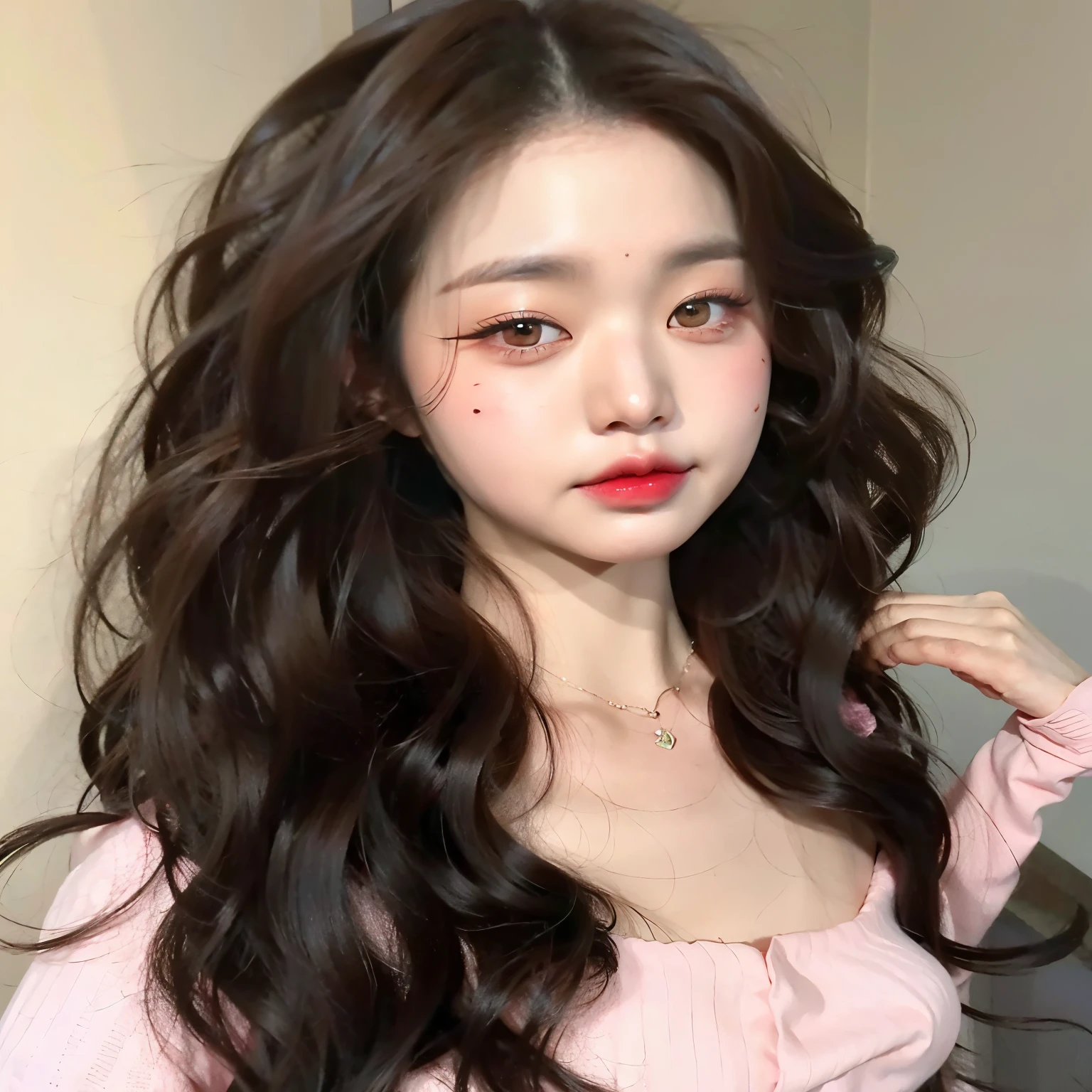 Un primer plano de una mujer con el pelo largo que lleva una camisa rosa, ulzzang, Blackpink Jennie, maquillaje popular de Corea del Sur, cara muy bonita, Joven y adorable rostro coreano, maquillaje coreano popular, con cabello largo y rizado, cabello ondulado extendido, Ojos grandes y cabello largo y suelto, Wan adorable cara coreana, pale fair skin!!, Cara suave y redonda, con cara redonda