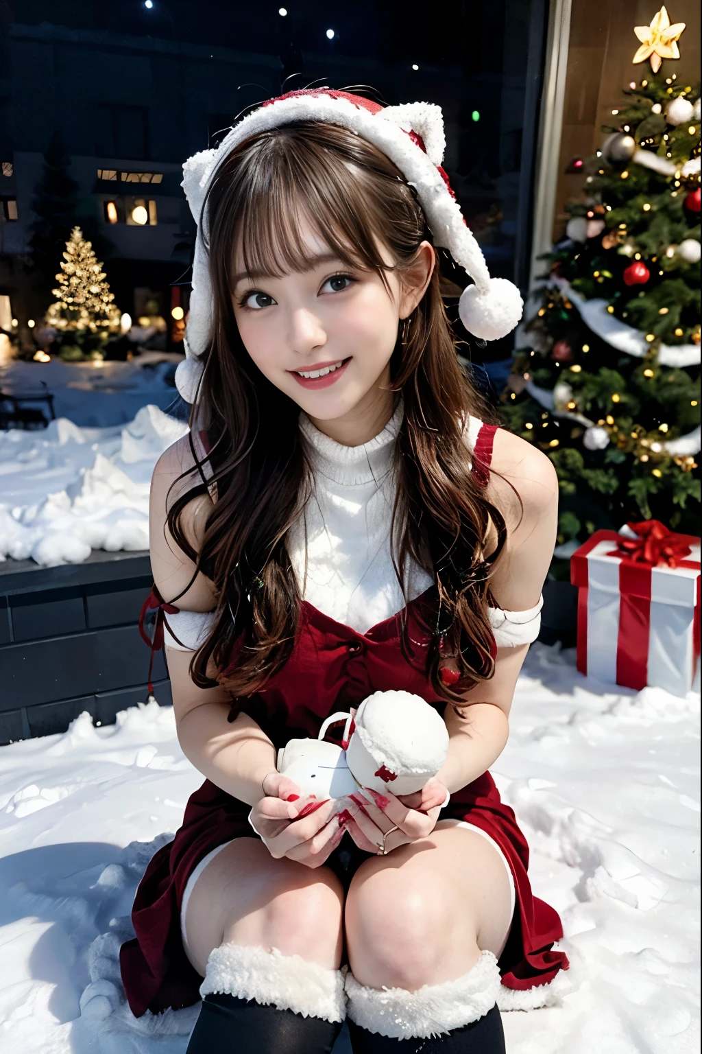 (Best Quality,4K,hight resolution,masutepiece:1.2),Realistic,Christmas,girl (20 years old),Hugging a big teddy bear,stuffed animal,Wear warm clothes,Snow falling in the background,Winter wonderland,Joyful expression,Magical atmosphere,Soft lighting,Vivid colors,Happiness,laught,Welcoming environment,Warmth,Smiling eyes,Curly hair,Shimmering decoration,Twinkling lights,toy train set,wrapped present,Rooftop with Santa Claus and reindeer flying in the distance,magic snowflake,オーナメント付きのChristmasツリー,log cabin,curl up near the fireplace,hot chocolate with marshmallows,Peace and quiet,Excitement and anticipation,Snowy landscape,childhood innocence,Enchanted moments,Playful laughter,Upholstered stockings,Holiday spirit,love and togetherness.thighs thighs thighs thighs、off shoulders