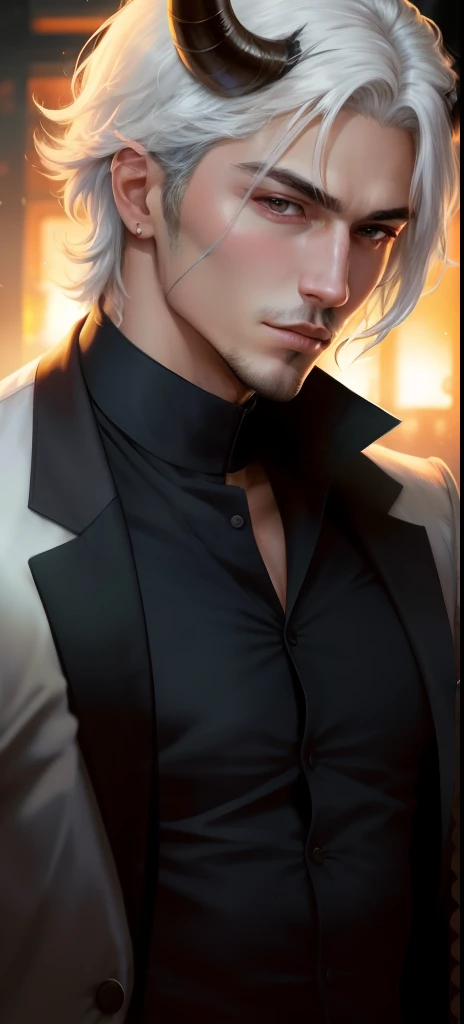 a close up of a man with horns on his head, a character portrait, in soft dreamy light at sunset, handsome guy in demon slayer art, white haired, human lamb hybrid, shiro takatani, outrageously fluffy, vale