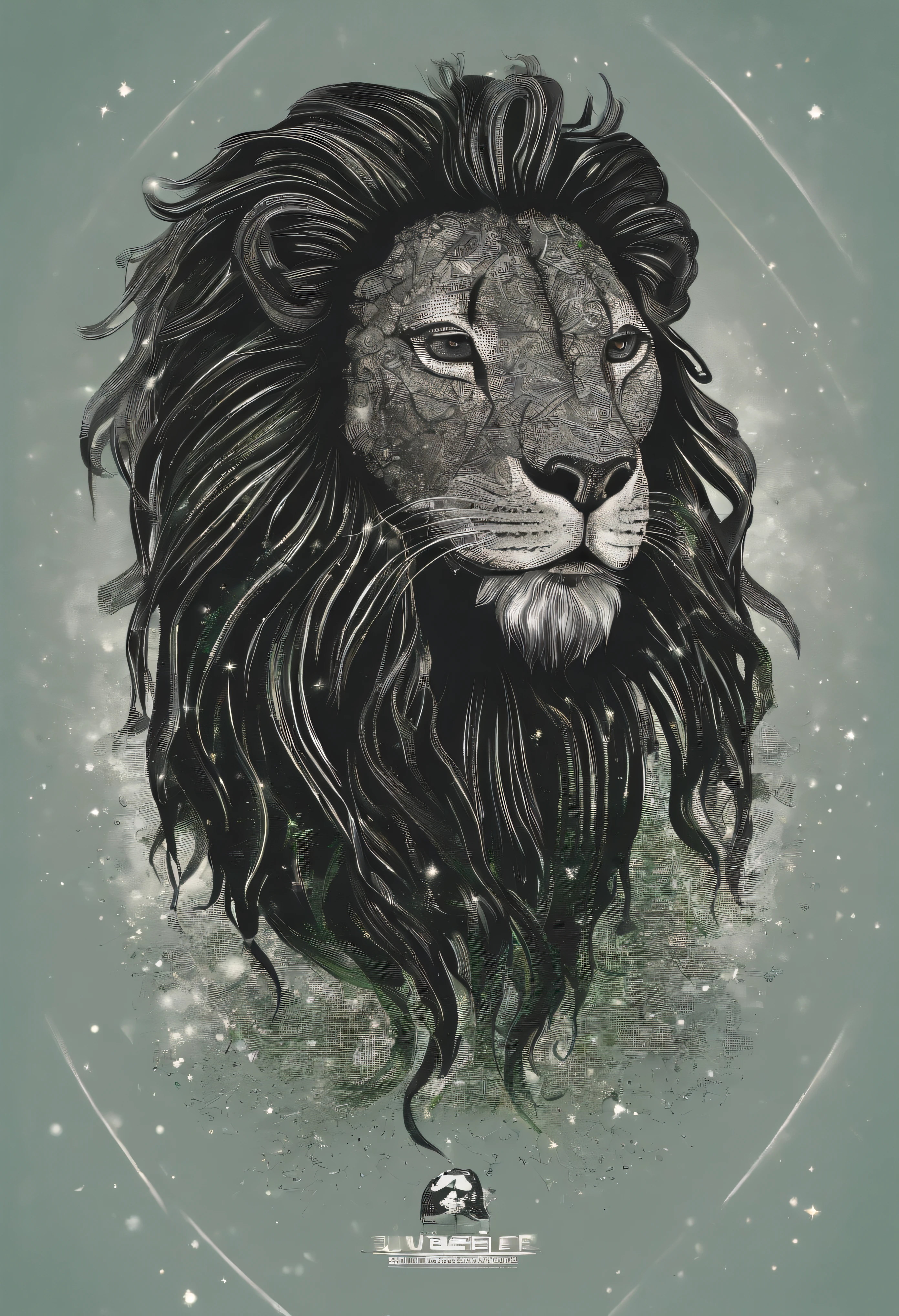 a completely black lion, mas muito preto, com olhos verdes, cabelos dreadlocks, roaring under a starry sky in the colors of reggae