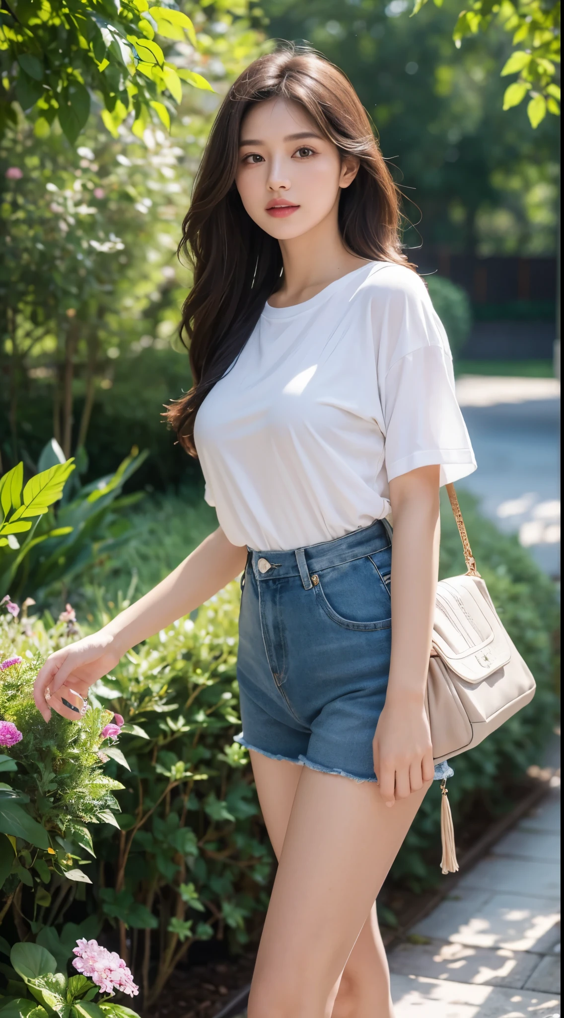 (best quality, 4k, highres, masterpiece:1.2), ultra-detailed, realistic:1.37, beautiful detailed eyes, beautiful detailed lips, extremely detailed eyes and face, long eyelashes, girl with a confident expression, standing in a vibrant garden, surrounded by colorful flowers and lush greenery. The girl is wearing a stylish t-shirt and short pants, carrying a fashionable handbag. The sunlight gently kisses her skin, casting soft shadows and creating a warm atmosphere. The image has a surreal and dreamlike quality, combining elements of portrait and landscape photography. The colors are vibrant and saturated, evoking a sense of joy and vitality. The lighting is natural and soft, with a slight golden hue, enhancing the overall beauty of the scene.