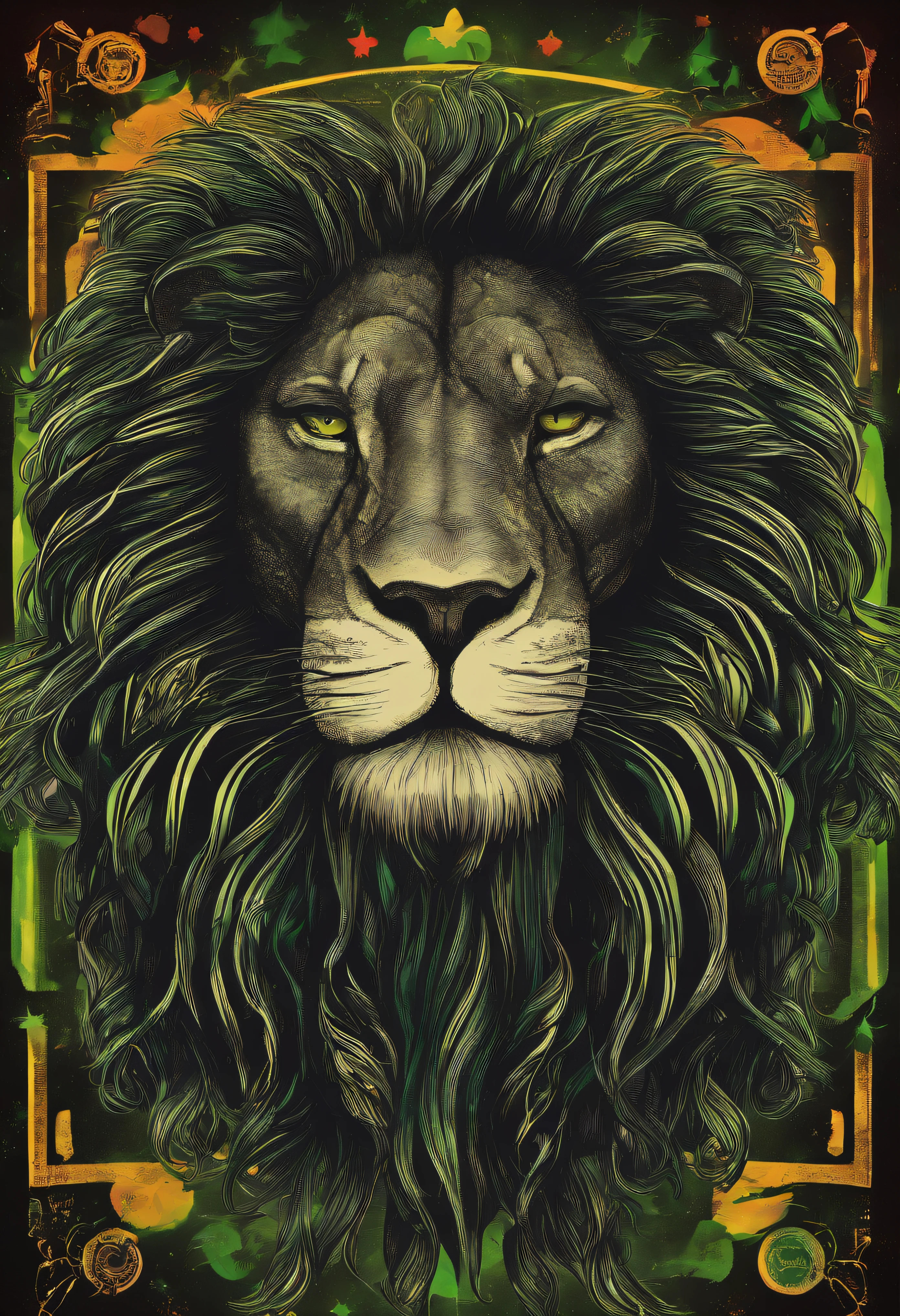 a completely black lion, mas muito preto, com olhos verdes, cabelos dreadlocks, roaring under a starry sky in the colors of reggae