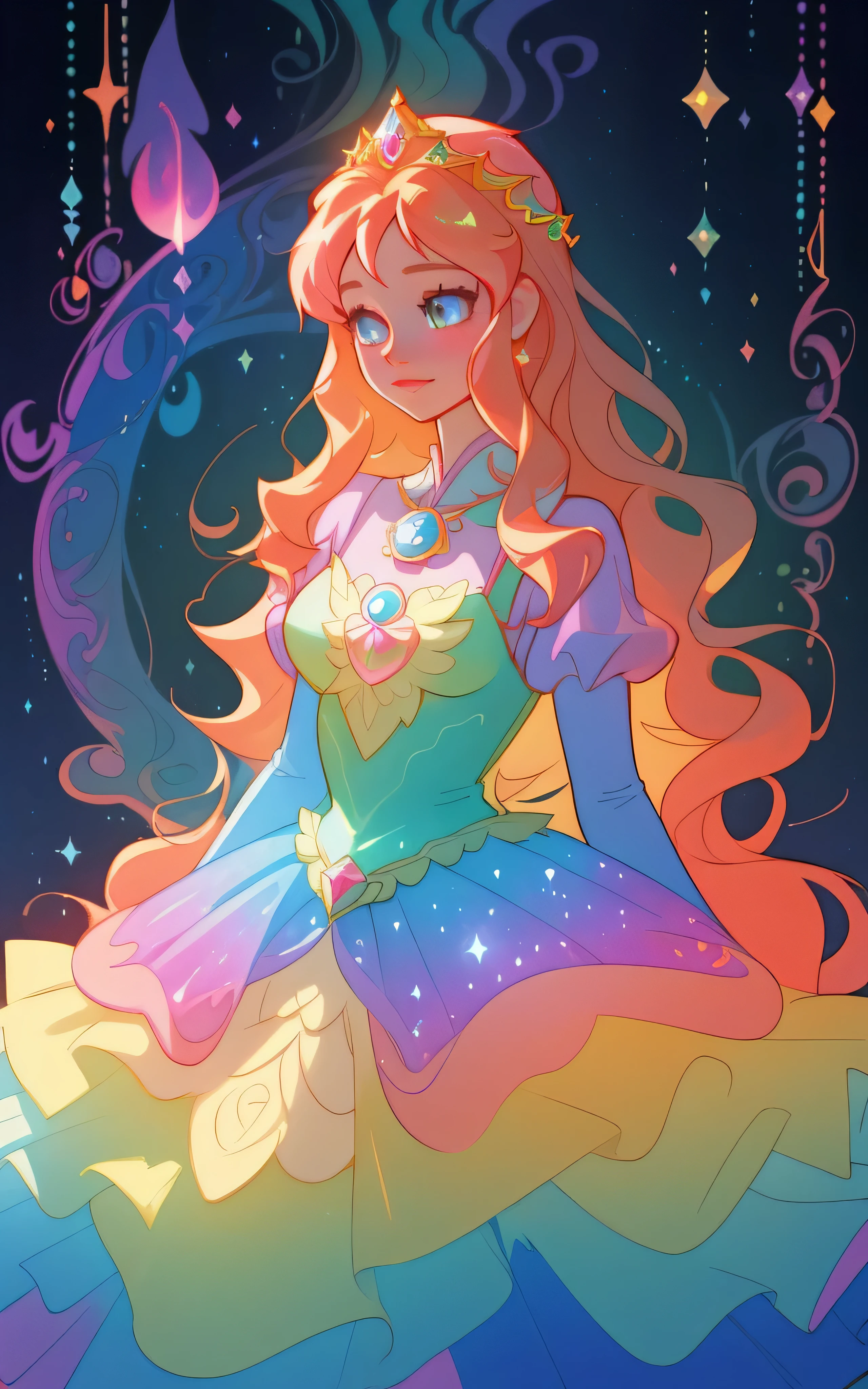 A BEAUTY, A STRAWBERRY BLONDE PRINCESS A beautiful girl, puffy tiered rainbow ballgown, princess, intricate dress design, vibrant pastel colors, (colorful), long wavy hair, magical lights, sparkling magical liquid, inspired by Glen Keane, inspired by Lois van Baarle, disney art style, by Lois van Baarle, glowing aura around her, by Glen Keane, jen bartel, glowing lights! digital painting, flowing glowing hair, glowing flowing hair, beautiful digital illustration, fantasia background, whimsical, magical, fantasy, ((masterpiece, best quality)), intricate details, highly detailed, sharp focus, 8k resolution, sparkling detailed eyes, liquid watercolor 88K