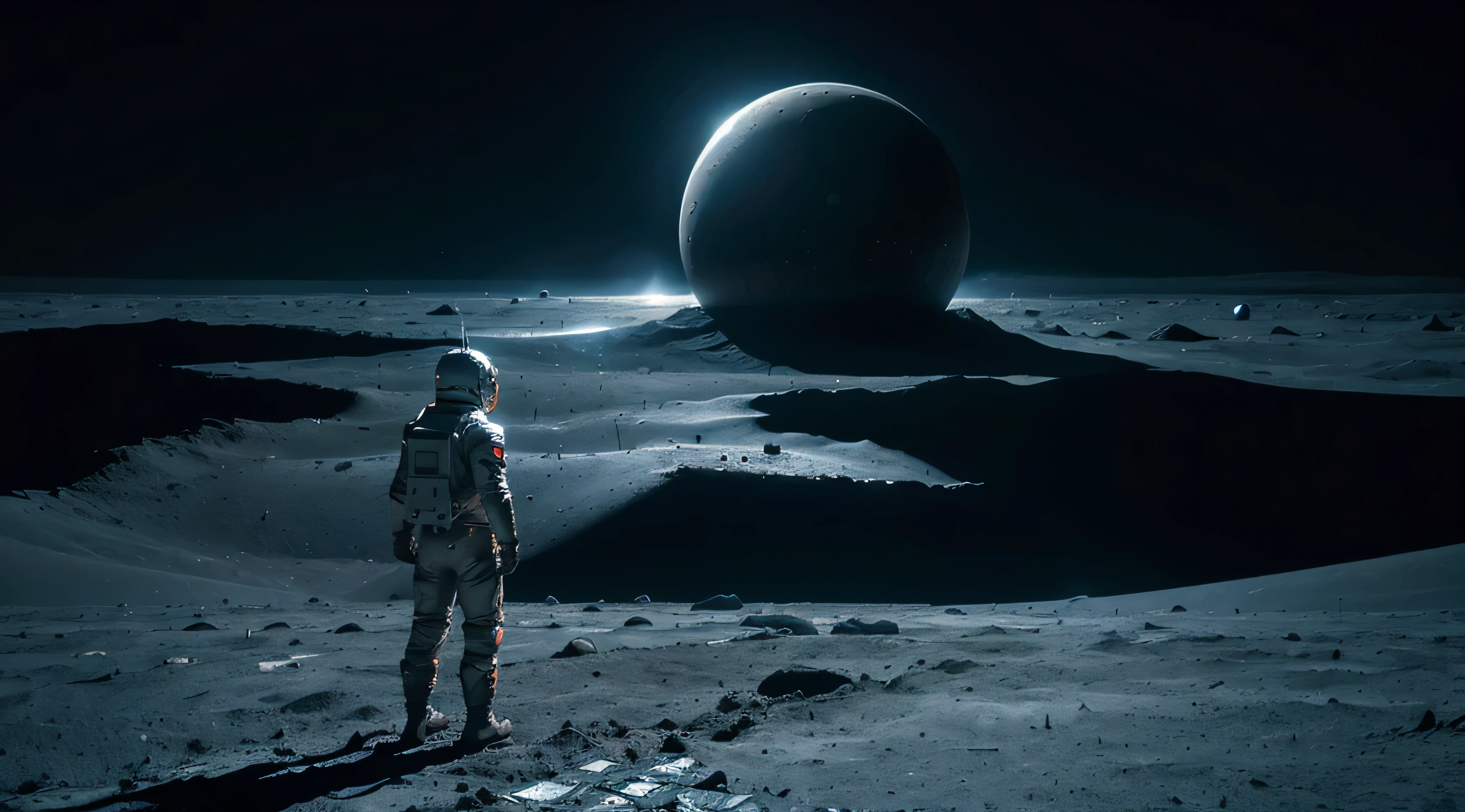 Una figura solitaria se alza sobre la desolada superficie lunar., contemplando la imponente vista de una nave espacial destrozada. La inmensidad del paisaje lunar se extiende hasta donde alcanza la vista, bathed in the soft silver glow of sunlight. The once majestic spaceship is now in pieces, esparcidos por el suelo lunar. Restos de metal retorcido y escombros flotan en la ingravidez lunar, creating a stunning scene witnessing a cosmic battle. vestido con un traje espacial, el individuo observa la magnitud de los restos, feeling the loneliness and expansion of space unfolding before them in this moving lunar painting. Each stroke adds intricate details., Improve overall composition.