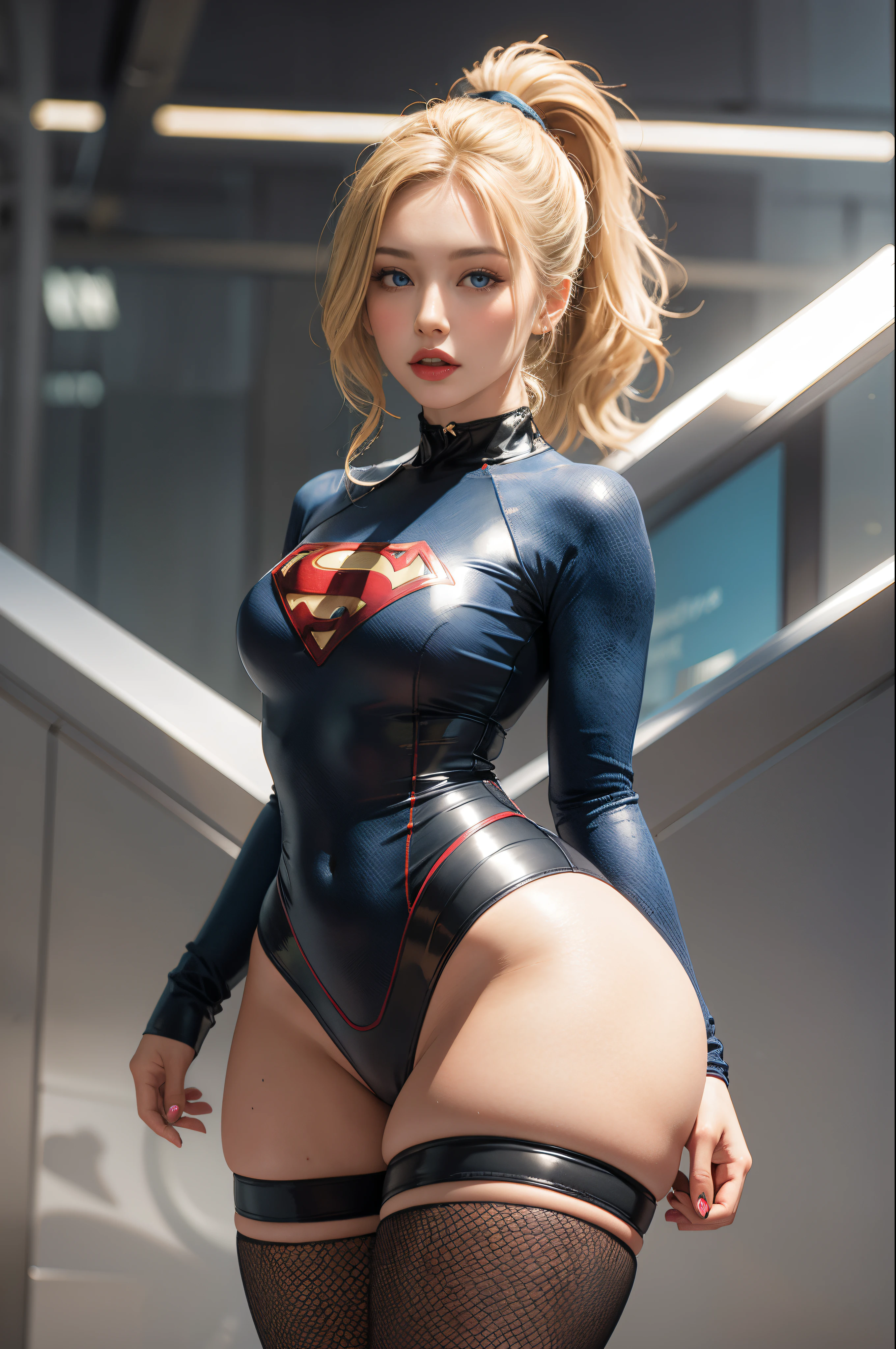 4k, realistic, charismatic, very detailed, there is a girl in the sky, dressed in a super girl costume, she is a super girl, superhero theme, blonde short hair, ponytail, 20 years, full body, (detail in the eyes), (detail in the face), incredibly beautiful, blue eyes, blush, makeup, red lipstick, miniskirt, (wide hips),  (thick thighs), small breasts, dress,, seductive pose, (extreme hourglass figure), thin, svelte, white skirt, boots, tight t-shirt