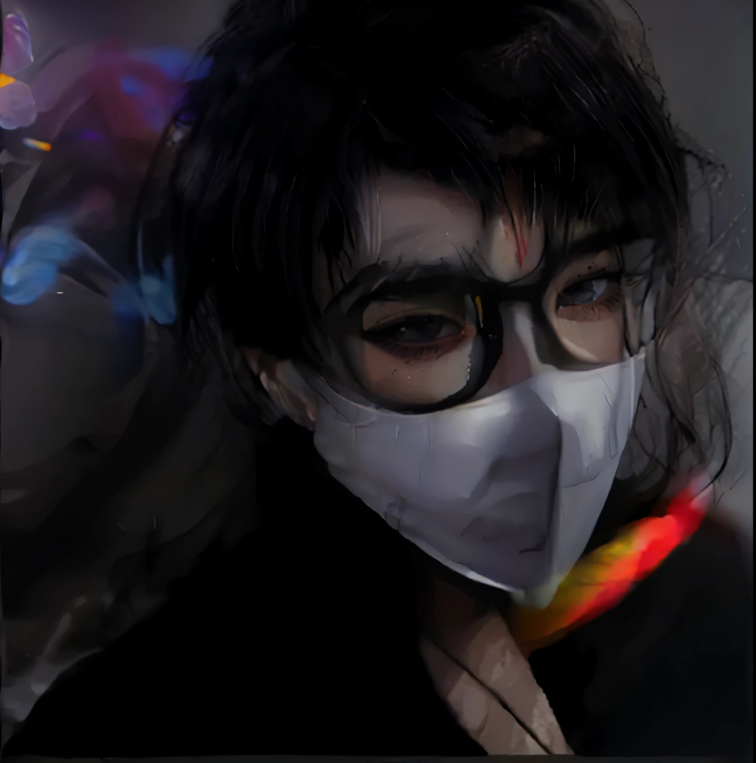 of a guy,White mask,black color hair,Light,head portrait