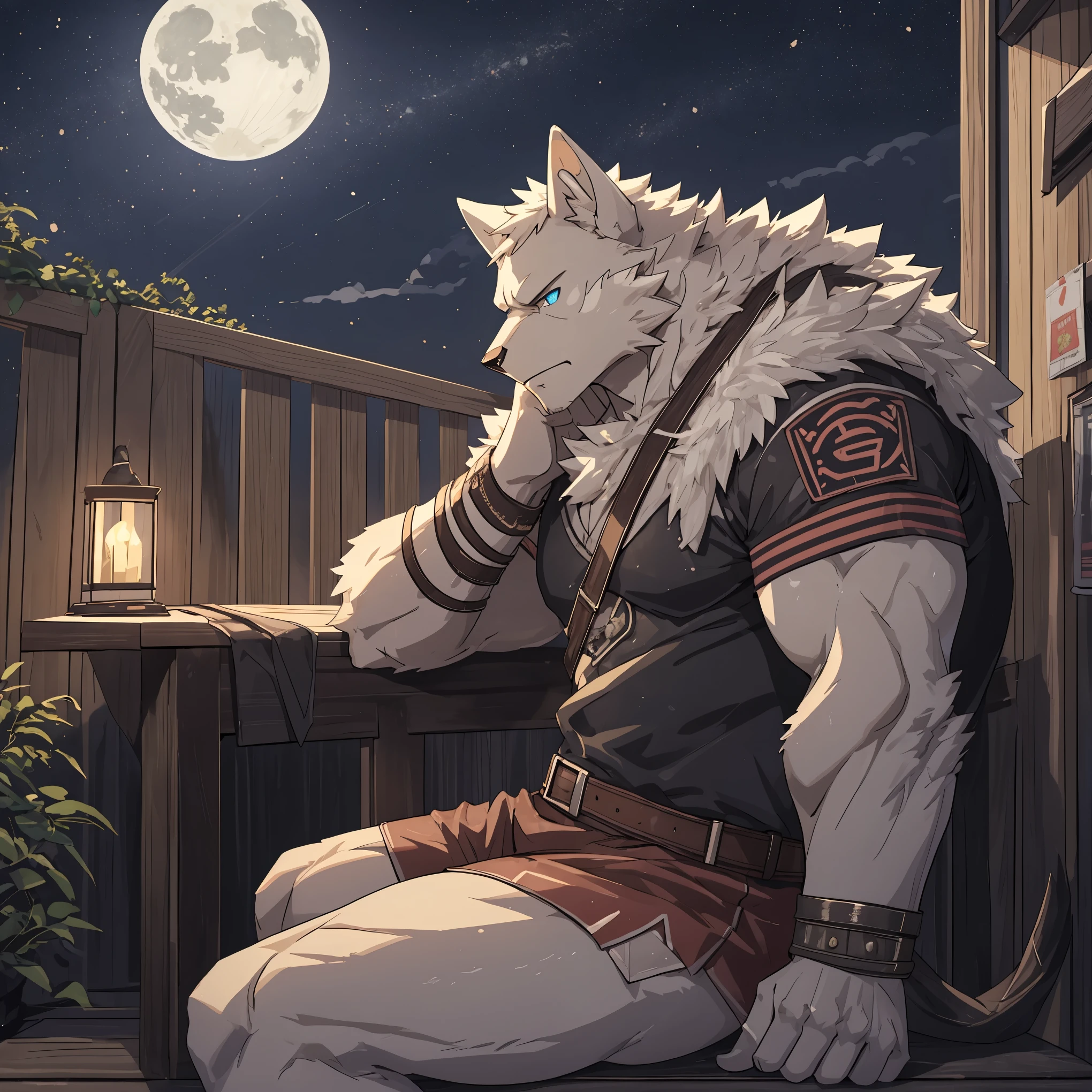 White Wolf Orcs,pure white fur,Strong body,Eyes with black background and blue pupils,Wearing casual clotheackground: night,He is sitting on the rooftop,It's pitch black all around and there's no light,He looked very depressed