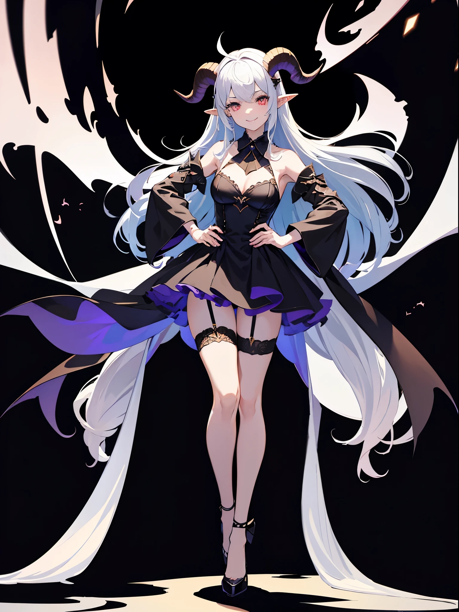 Full body shot of an anime-style cute girl with long white hair, blue eyes, and purple highlights wearing a tight black dress made ofa water-like material standing on a dark background with huge transparent wings and a splash effect flying around her. In the style of anime art with cel shading, a full body shot with shiny elements.