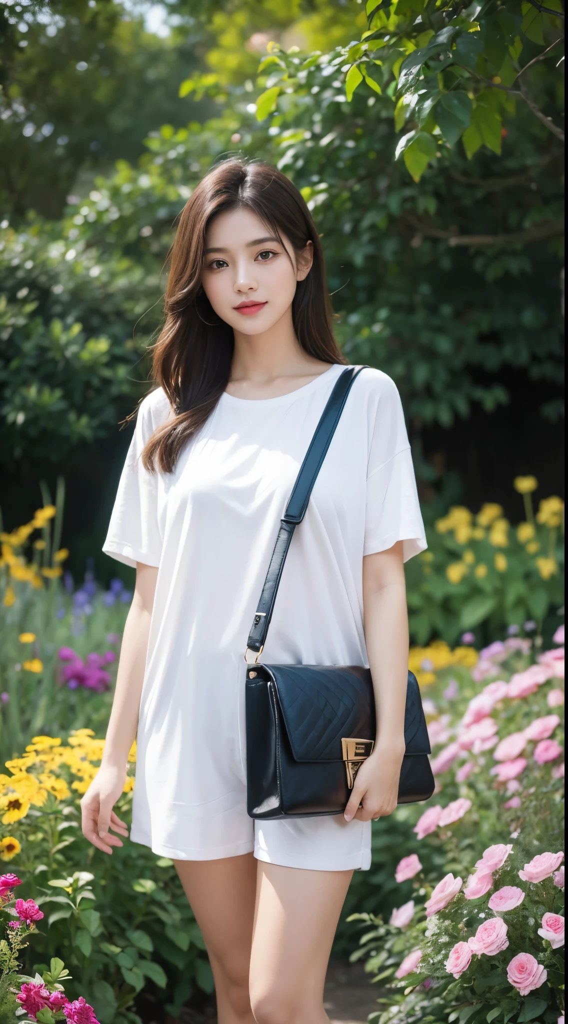 (best quality, 4k, highres, masterpiece:1.2), ultra-detailed, realistic:1.37, beautiful detailed eyes, beautiful detailed lips, extremely detailed eyes and face, long eyelashes, girl with a confident expression, standing in a vibrant garden, surrounded by colorful flowers and lush greenery. The girl is wearing a stylish t-shirt and short pants, carrying a fashionable handbag. The sunlight gently kisses her skin, casting soft shadows and creating a warm atmosphere. The image has a surreal and dreamlike quality, combining elements of portrait and landscape photography. The colors are vibrant and saturated, evoking a sense of joy and vitality. The lighting is natural and soft, with a slight golden hue, enhancing the overall beauty of the scene.